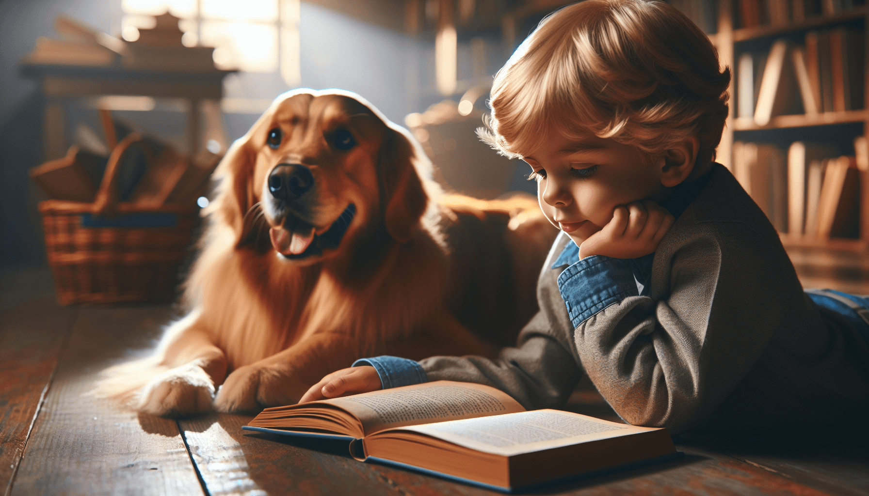 A therapy dog listening intently as a child reads from a book about dogs