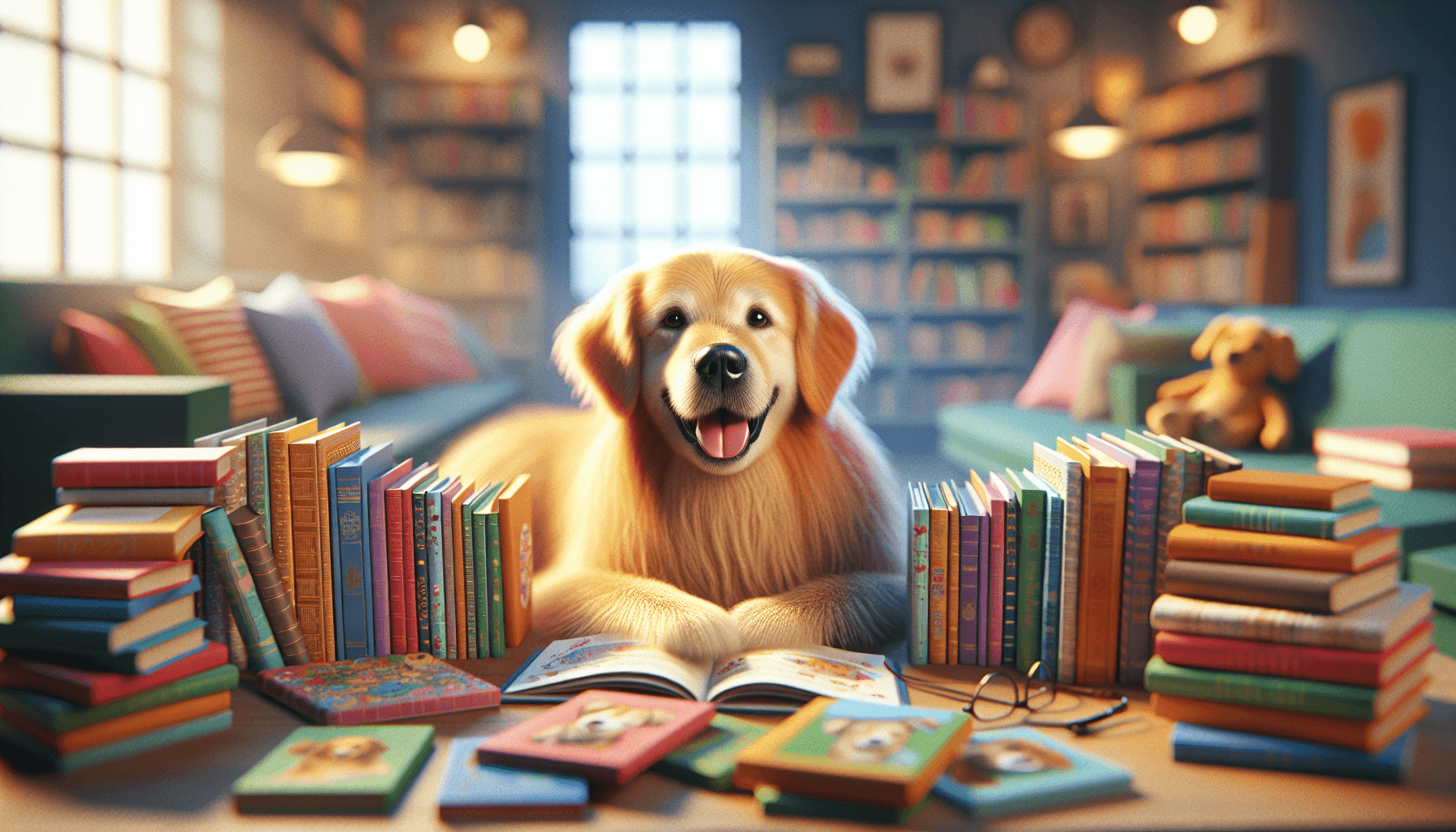 A child showing a colorful picture book to an attentive Golden Retriever
