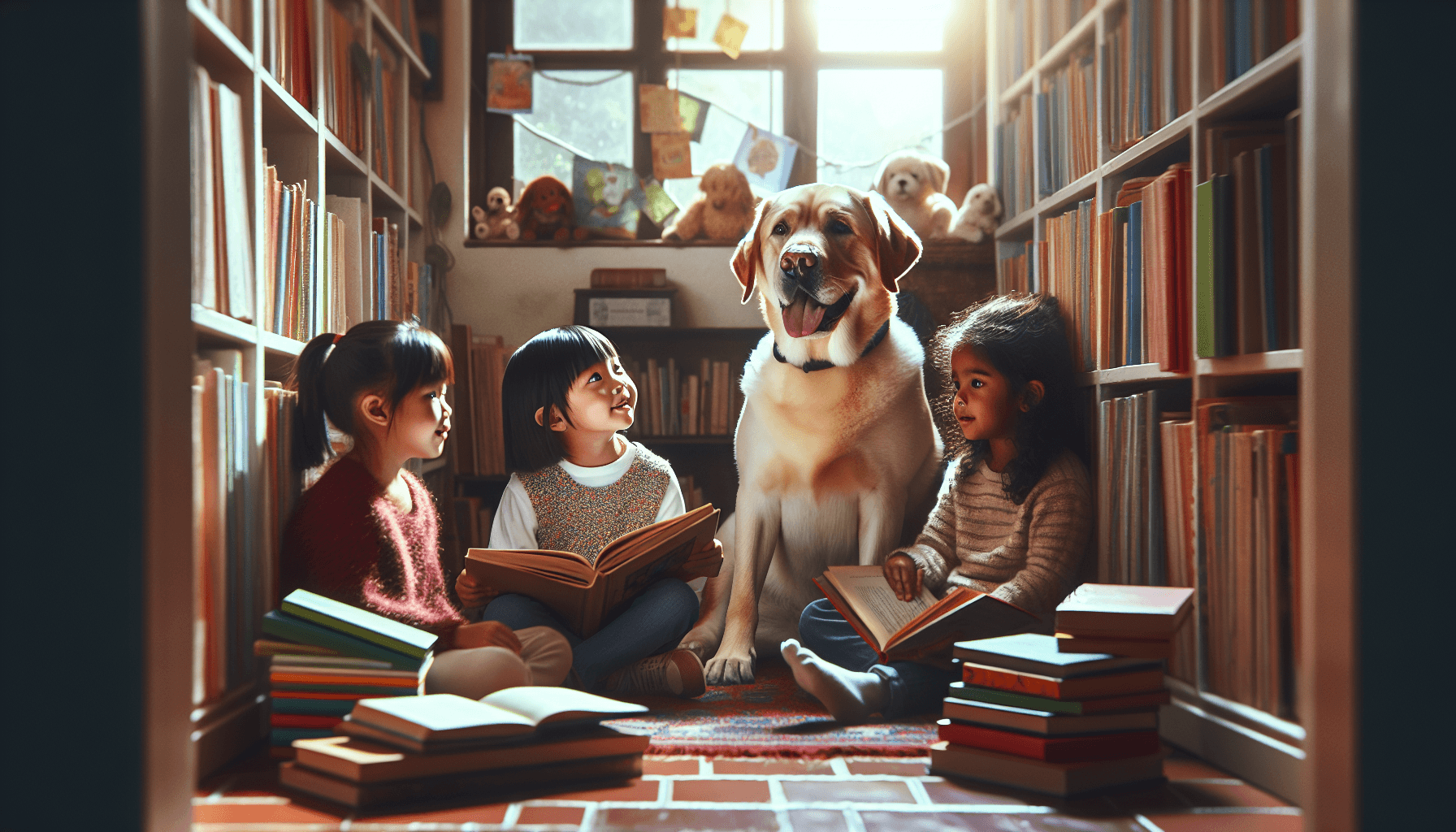 A vibrant community gathered around therapy dogs, united by their love of reading