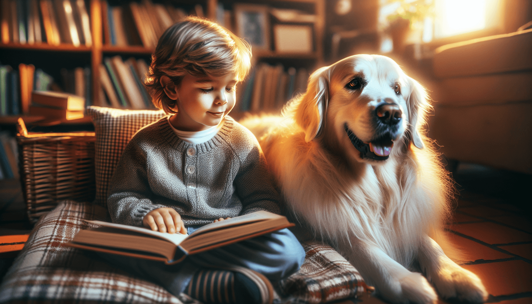 Three generations of a family sharing a book while a therapy dog rests nearby