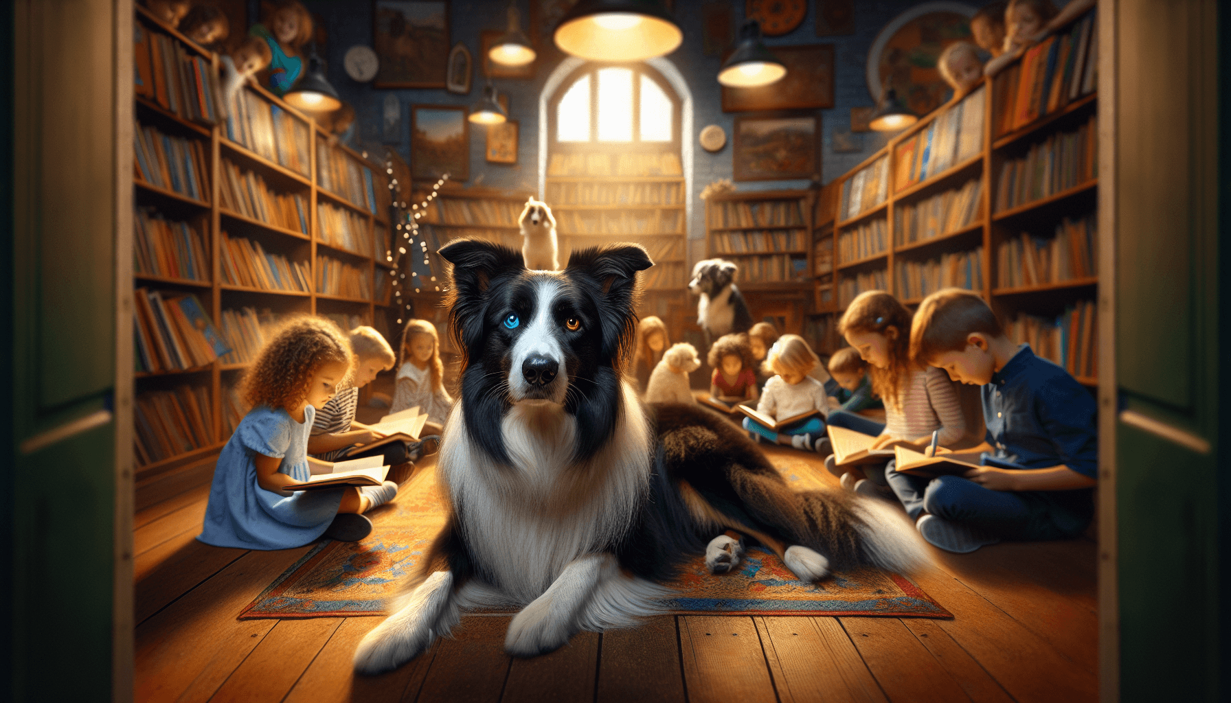 A school principal observing a therapy dog reading session with amazement