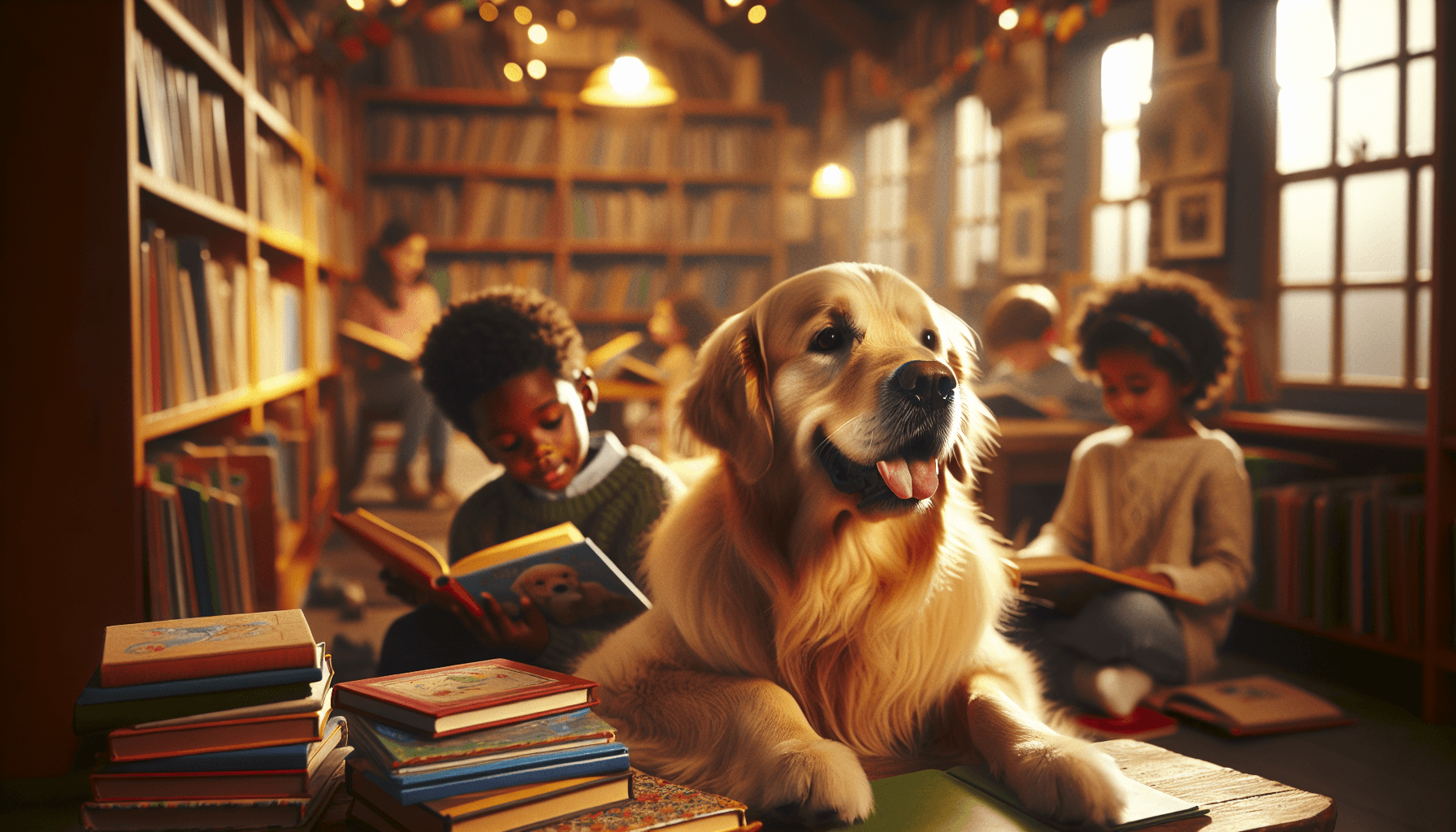 A therapy dog lying beside a teacher and student in a classroom reading corner
