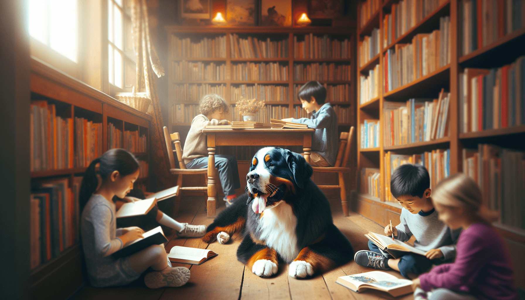 A military veteran working as a therapy dog handler with children in a library