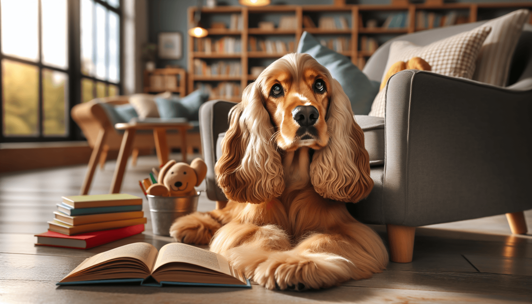 A therapy dog resting comfortably on a plush mat in a library reading corner