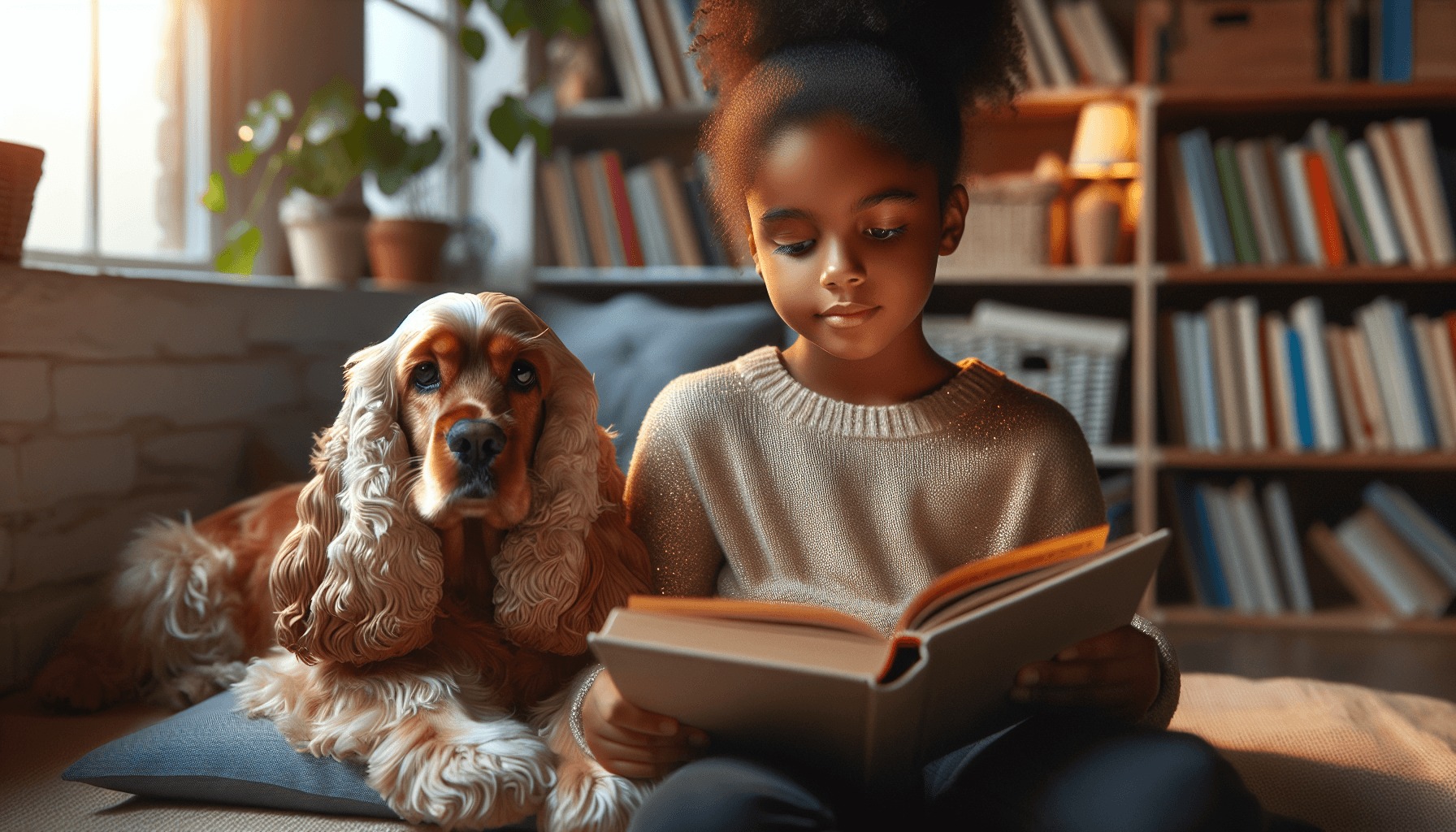 A child excitedly choosing a dog book to read to a therapy dog