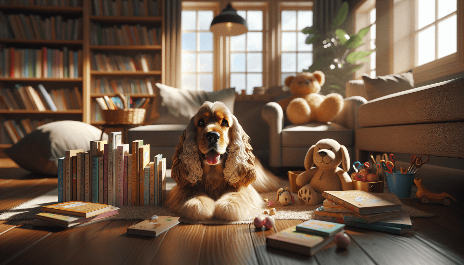 A colorful collection of dog-themed children's books arranged on a library shelf