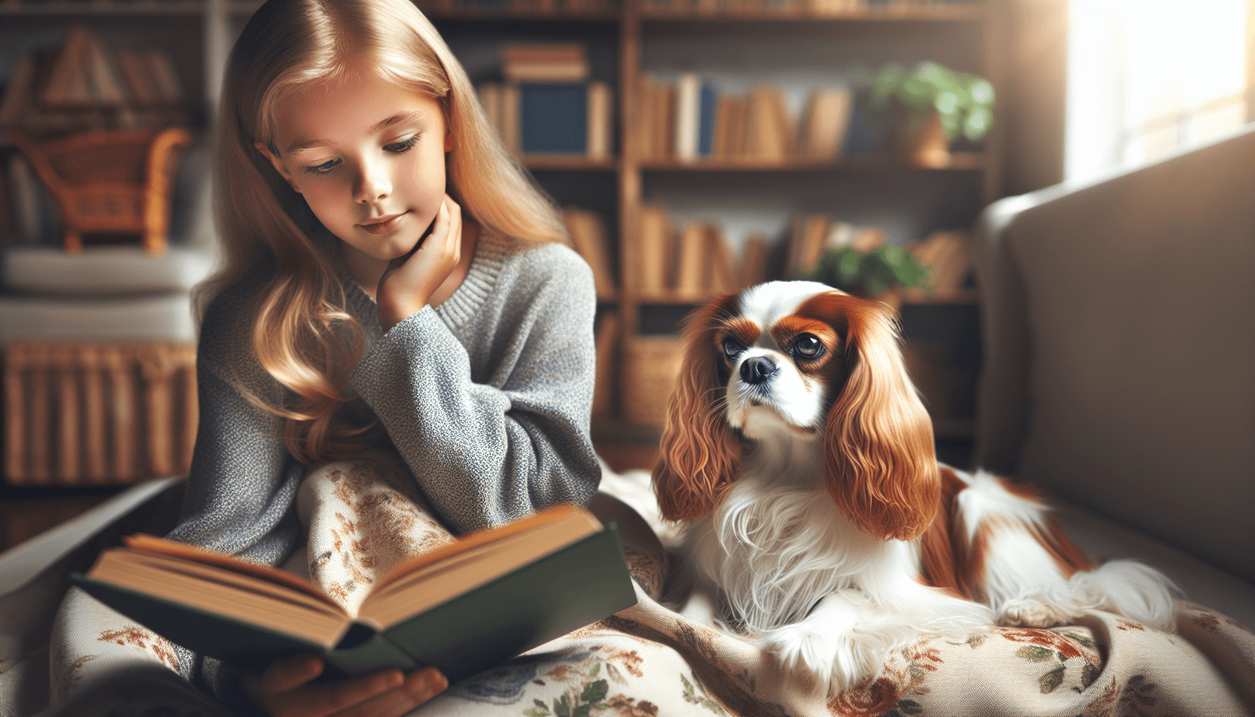 A reluctant reader beginning to engage with a patient Golden Retriever