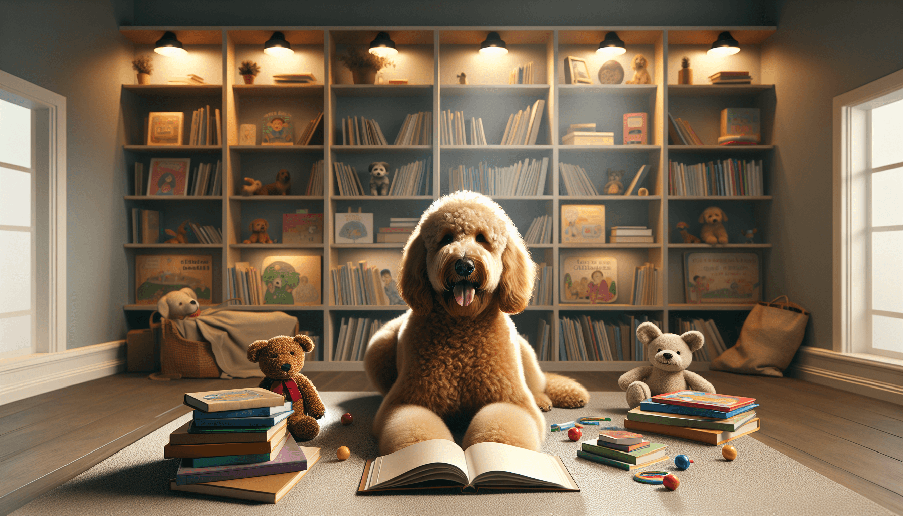 A calm therapy dog helping a nervous child relax before reading