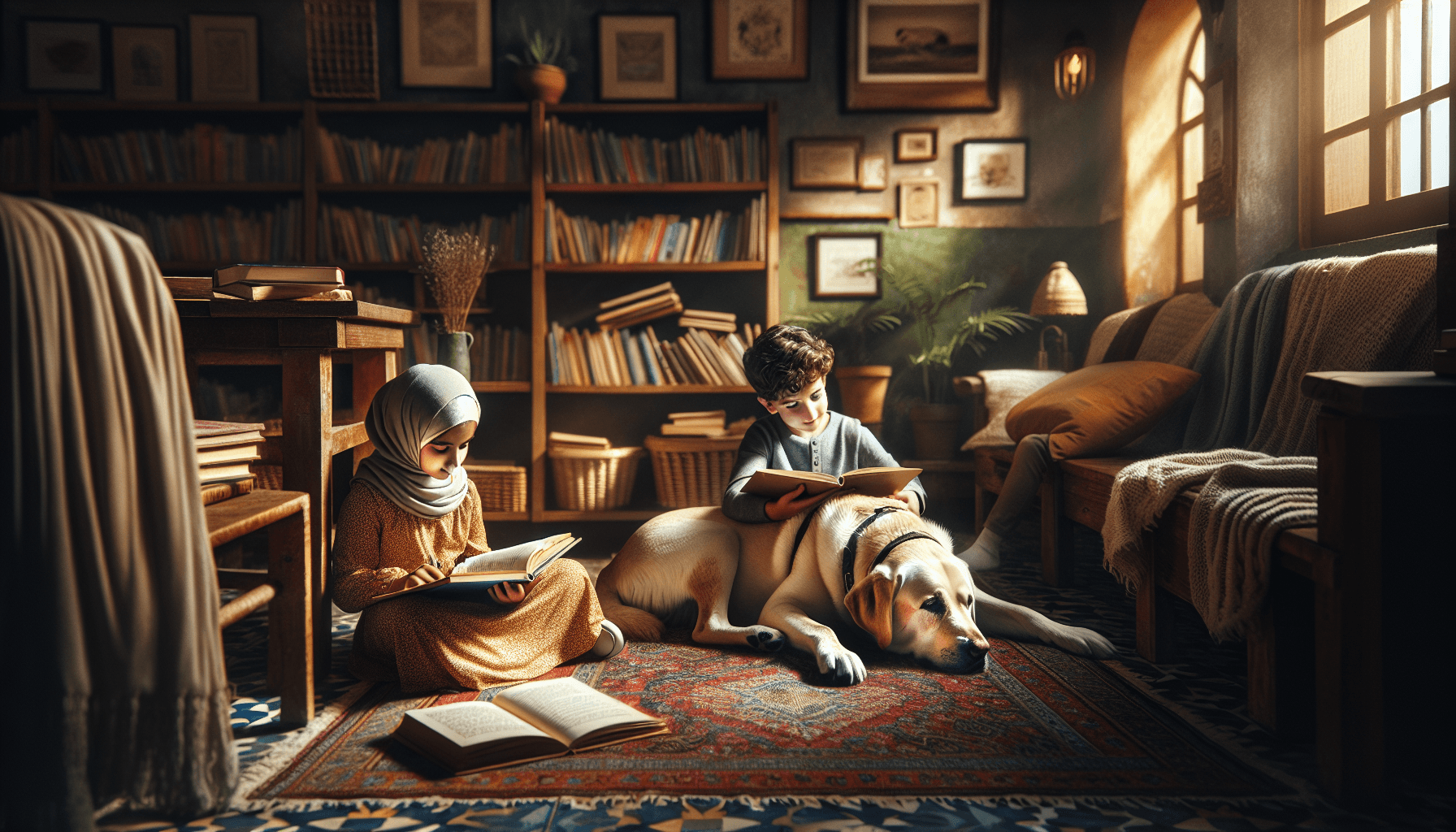 A distinguished yellow Labrador therapy dog in his final reading session, surrounded by grateful readers