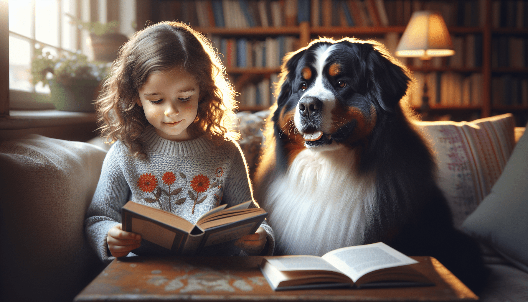 Therapy dogs and handlers celebrating with young readers at a milestone party