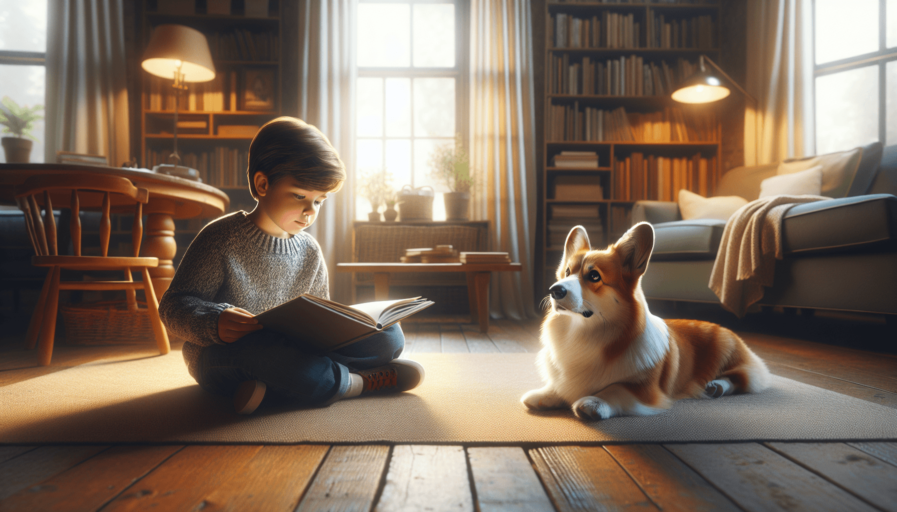 A therapy dog lying next to a carefully curated stack of reading program books