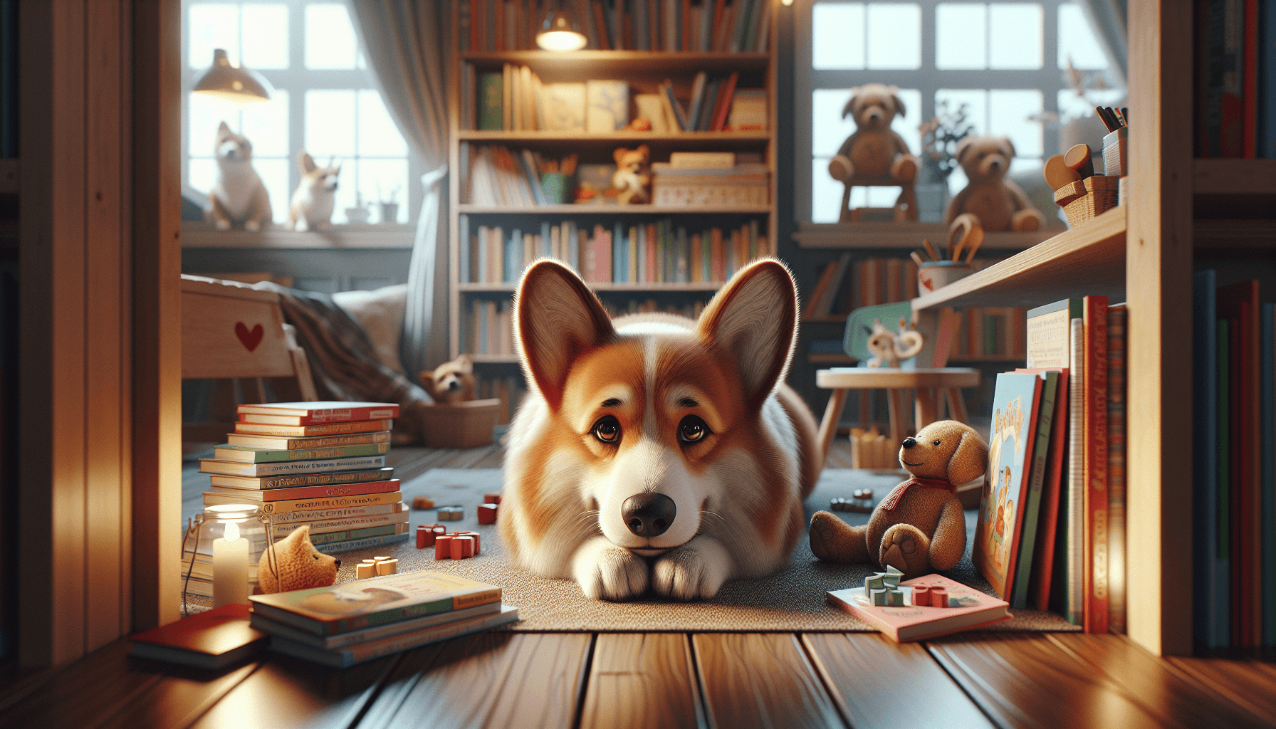 A colorful array of children's books arranged alongside therapy dog accessories