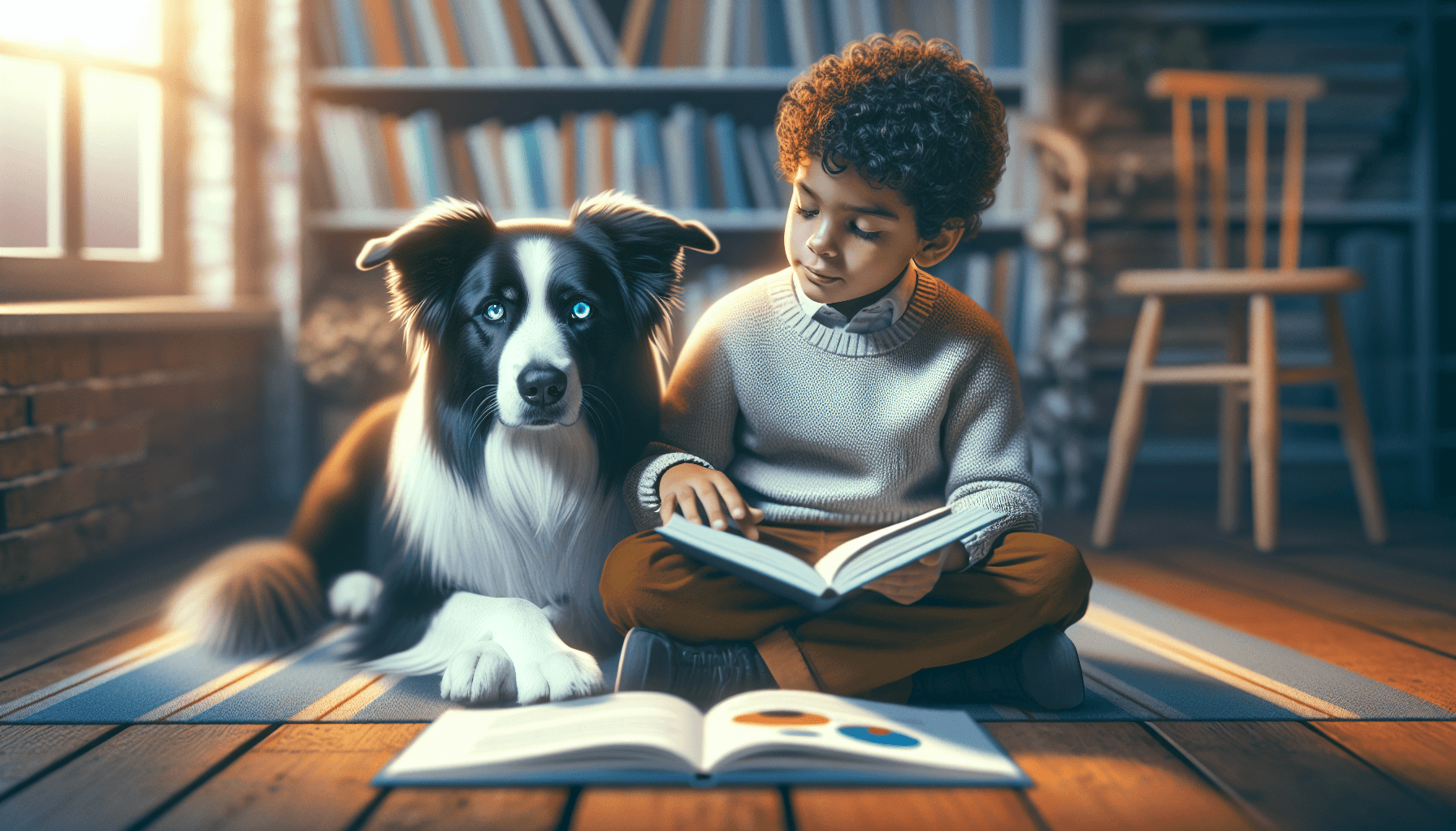 A child using assistive technology while reading to a therapy dog
