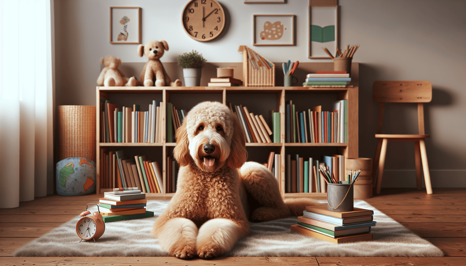 A cozy home reading nook with soft lighting, cushions, and children's books