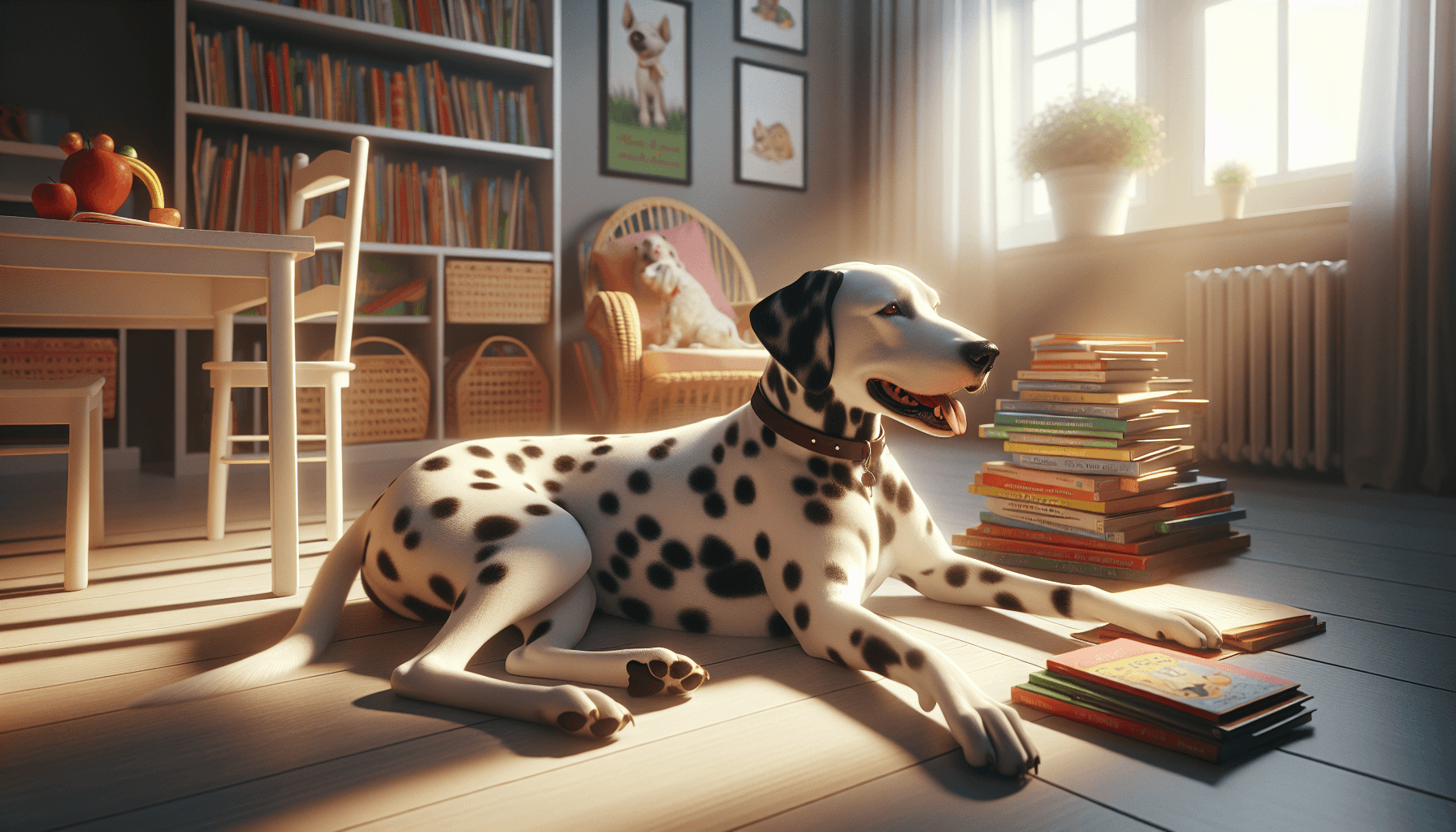 Various therapy dog breeds sitting calmly in a library setting surrounded by children's books