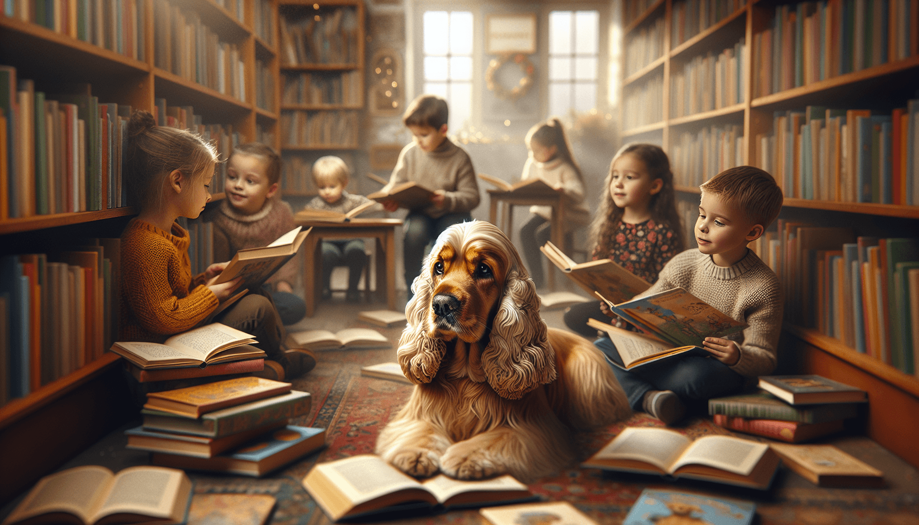 A Bernese Mountain Dog lying peacefully beside a young girl in a library