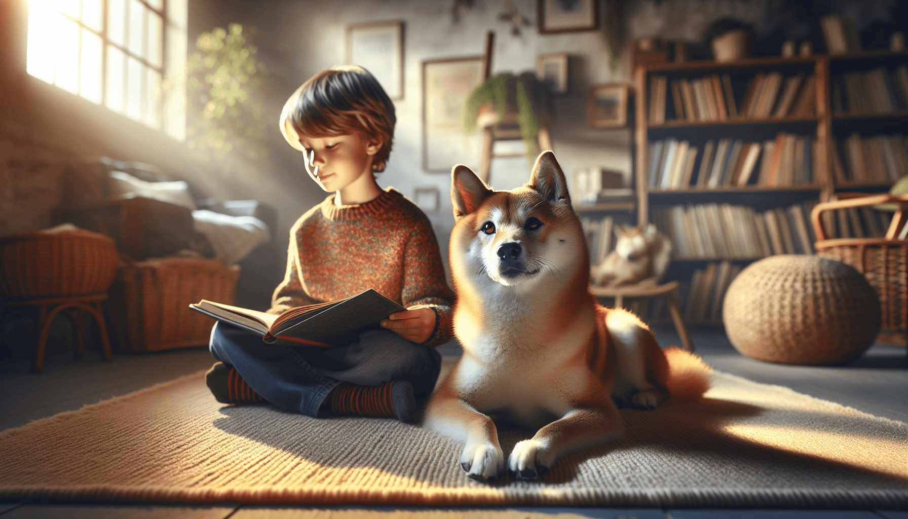 A mixed-breed rescue dog in a library setting with children reading nearby