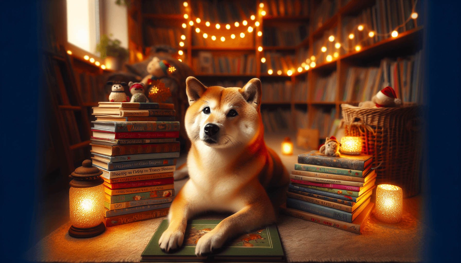 A rescue dog with a gentle expression lying next to a child with an open book