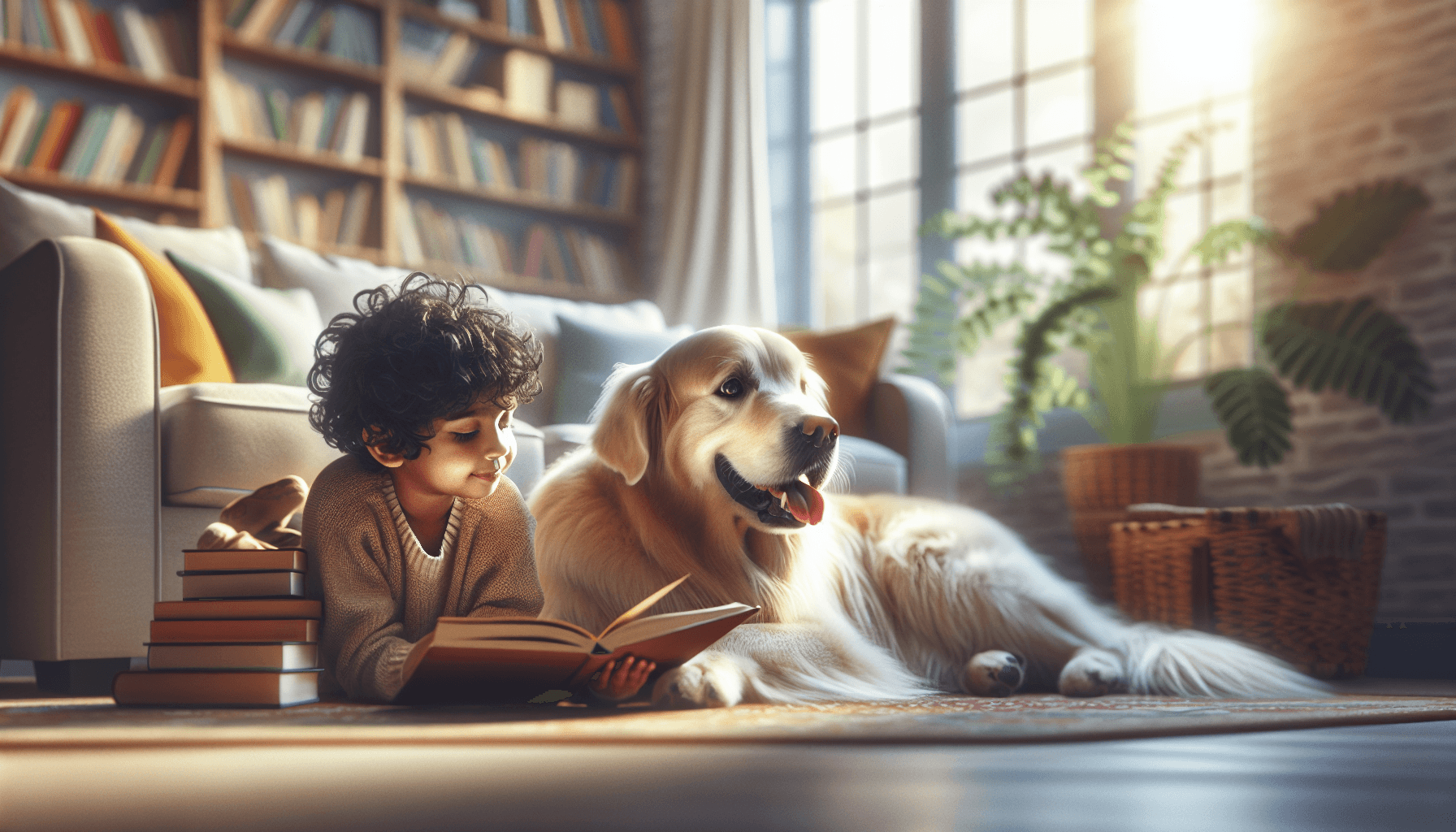 A family reading together with their dog during the holiday season