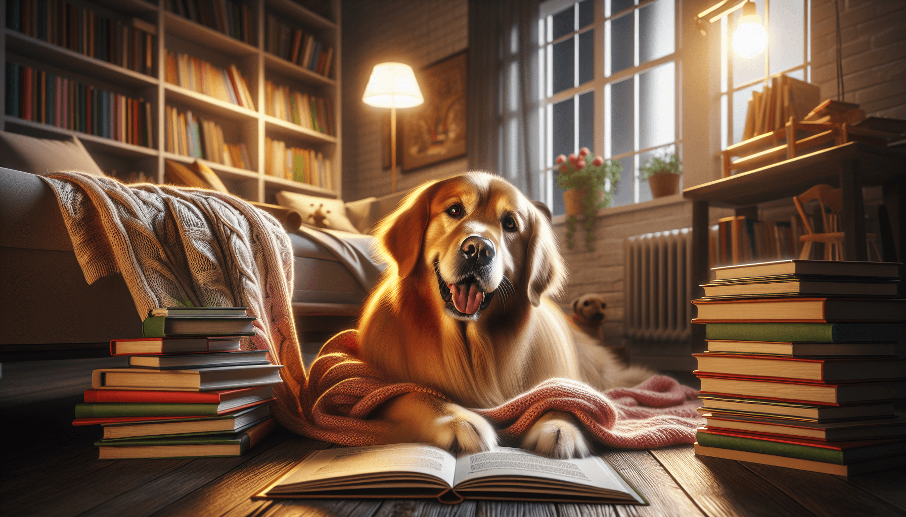 A child reading a holiday book with a therapy dog by a cozy fireplace