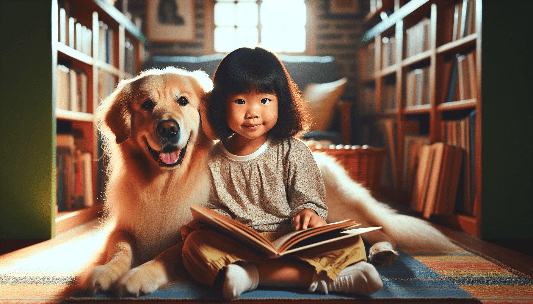 A child whispering to a golden retriever while looking at a picture book