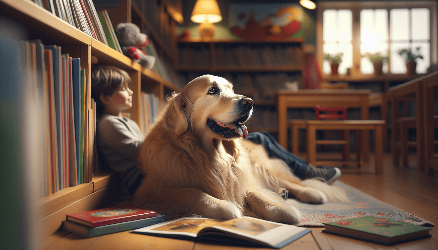 A shy girl beginning to smile as she sits next to a gentle golden retriever therapy dog