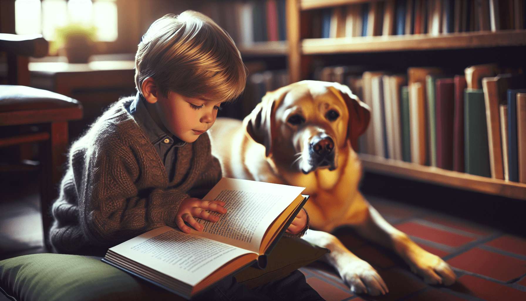 Virtual reading session with a child reading to a therapy dog via video call