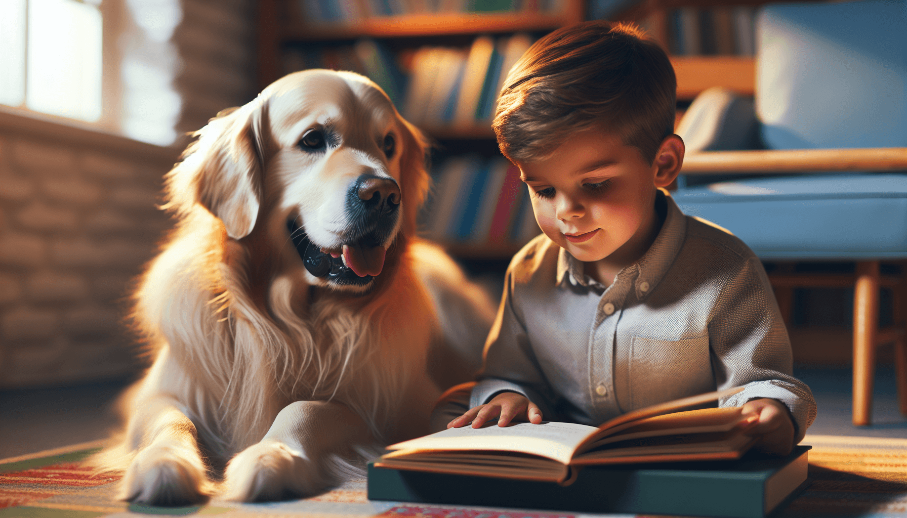 Child reading with a calm therapy dog in a cozy library setting