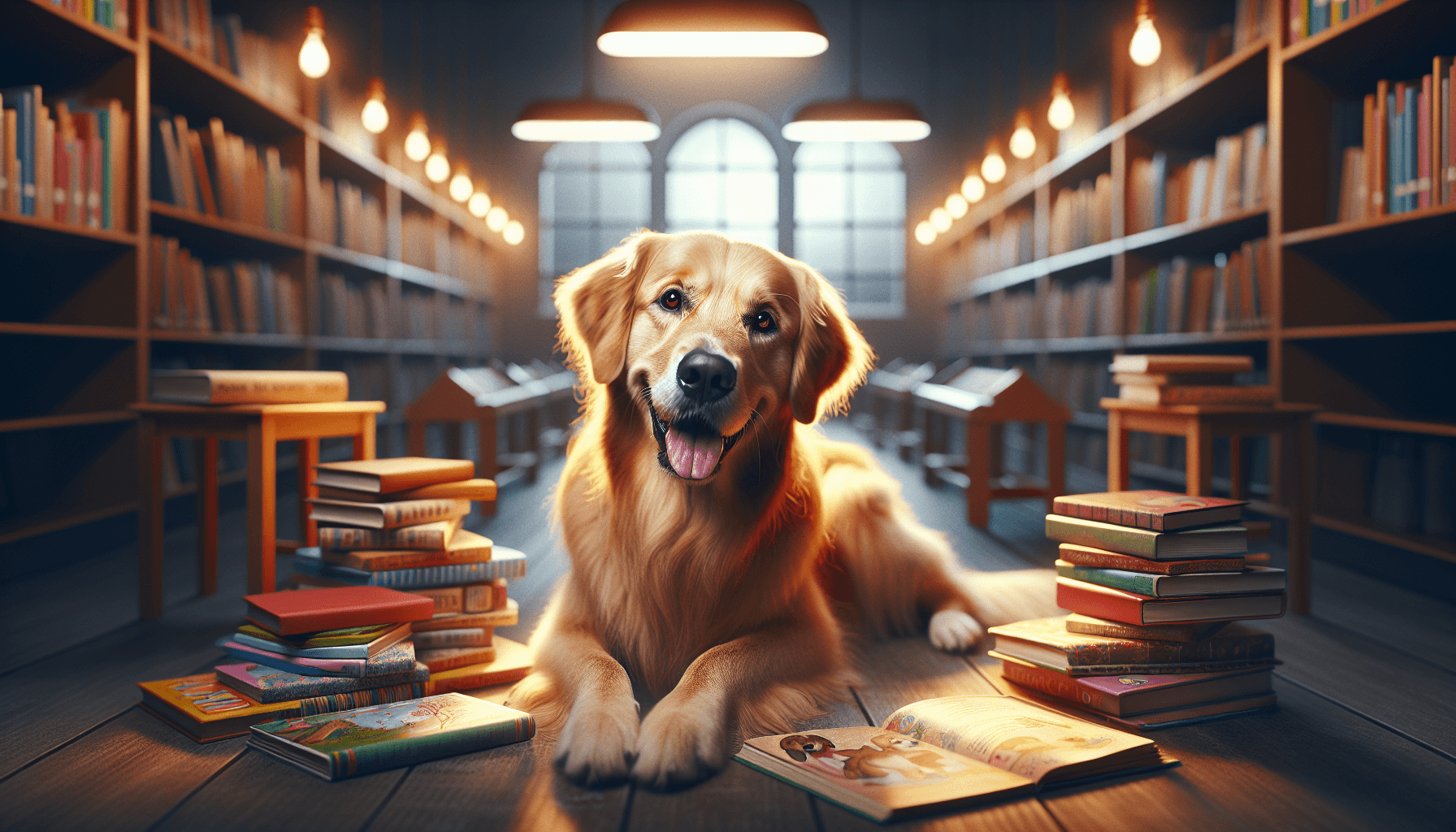 A child animatedly describing a story to an attentive therapy dog