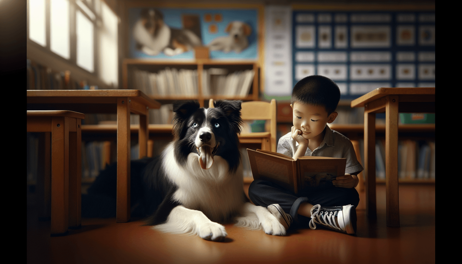 Students gathered around a therapy dog during a classroom reading session