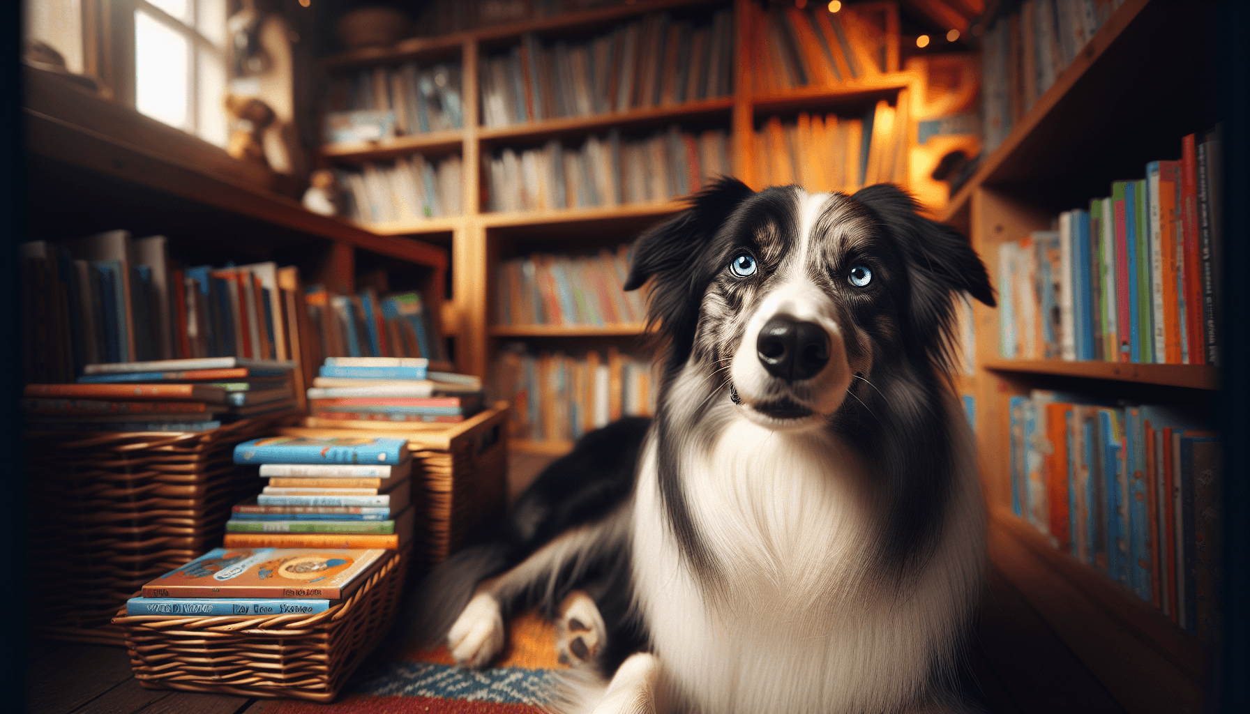 A Border Collie with heterochromatic eyes lying calmly in a classroom reading corner while students read nearby
