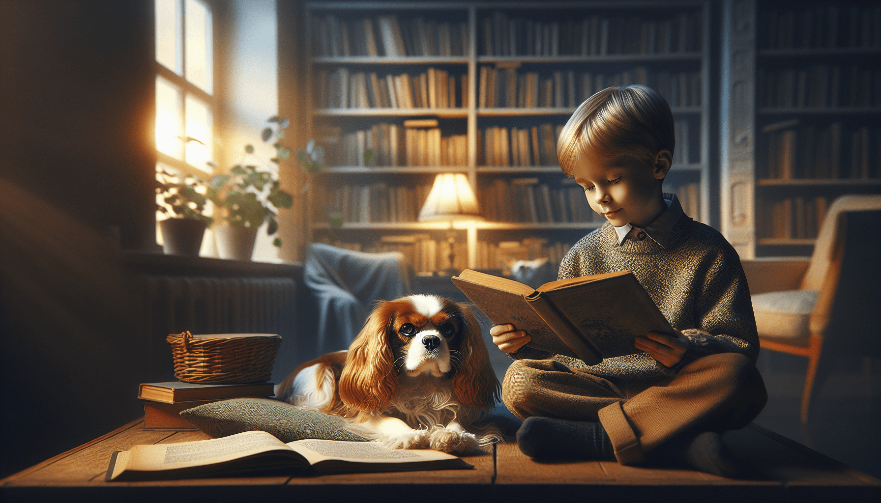 Books organized by reading level on shelves near a therapy dog reading corner
