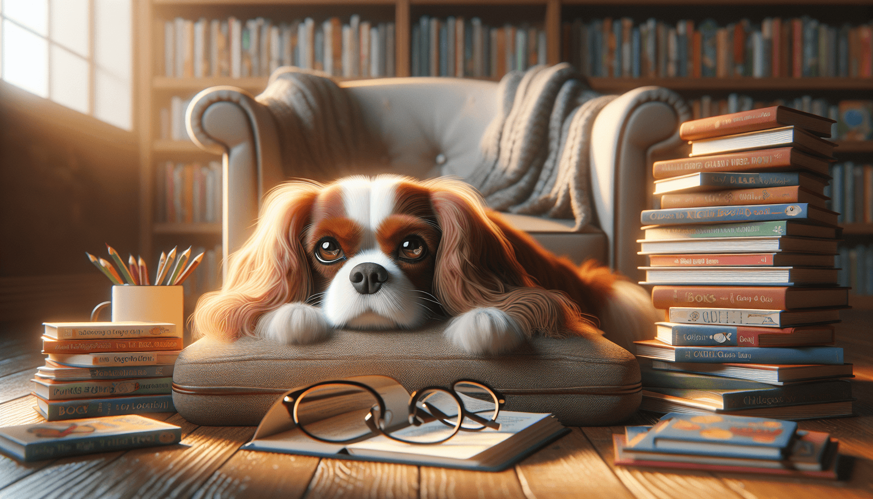 A child selecting a book while a therapy dog waits attentively