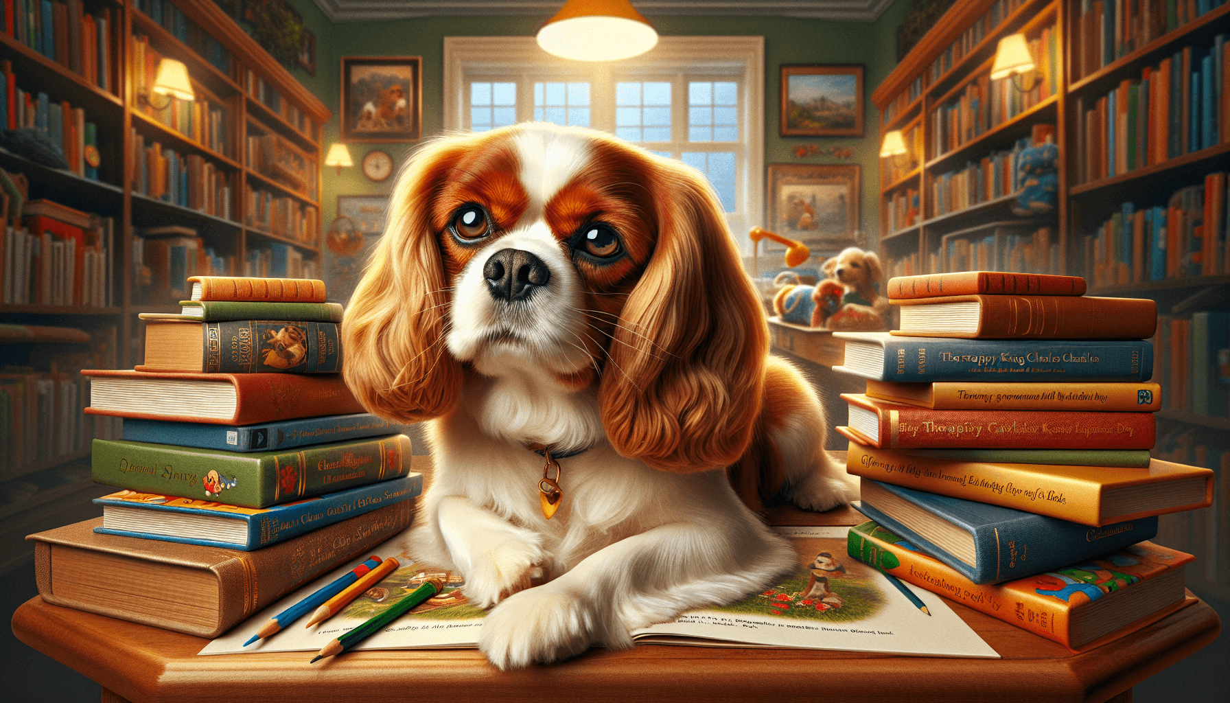 A parent and child approaching a friendly therapy dog in a welcoming library setting