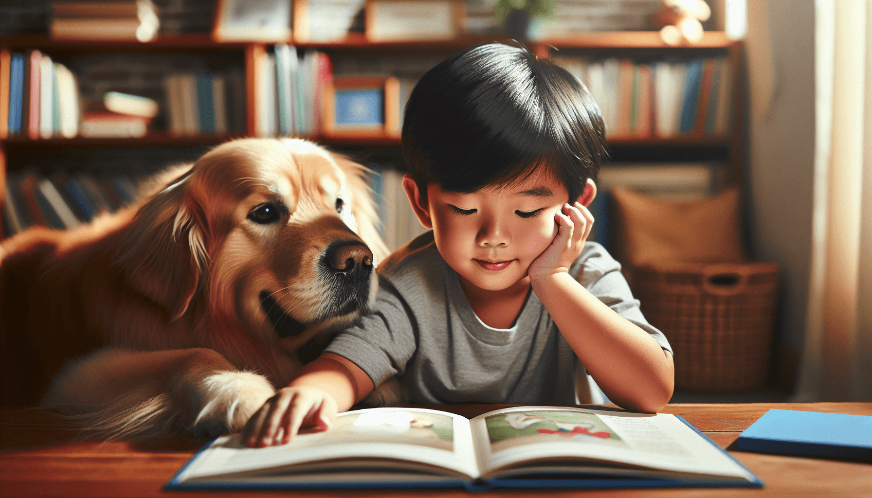 A therapy dog watching attentively as a child reads from an e-reader