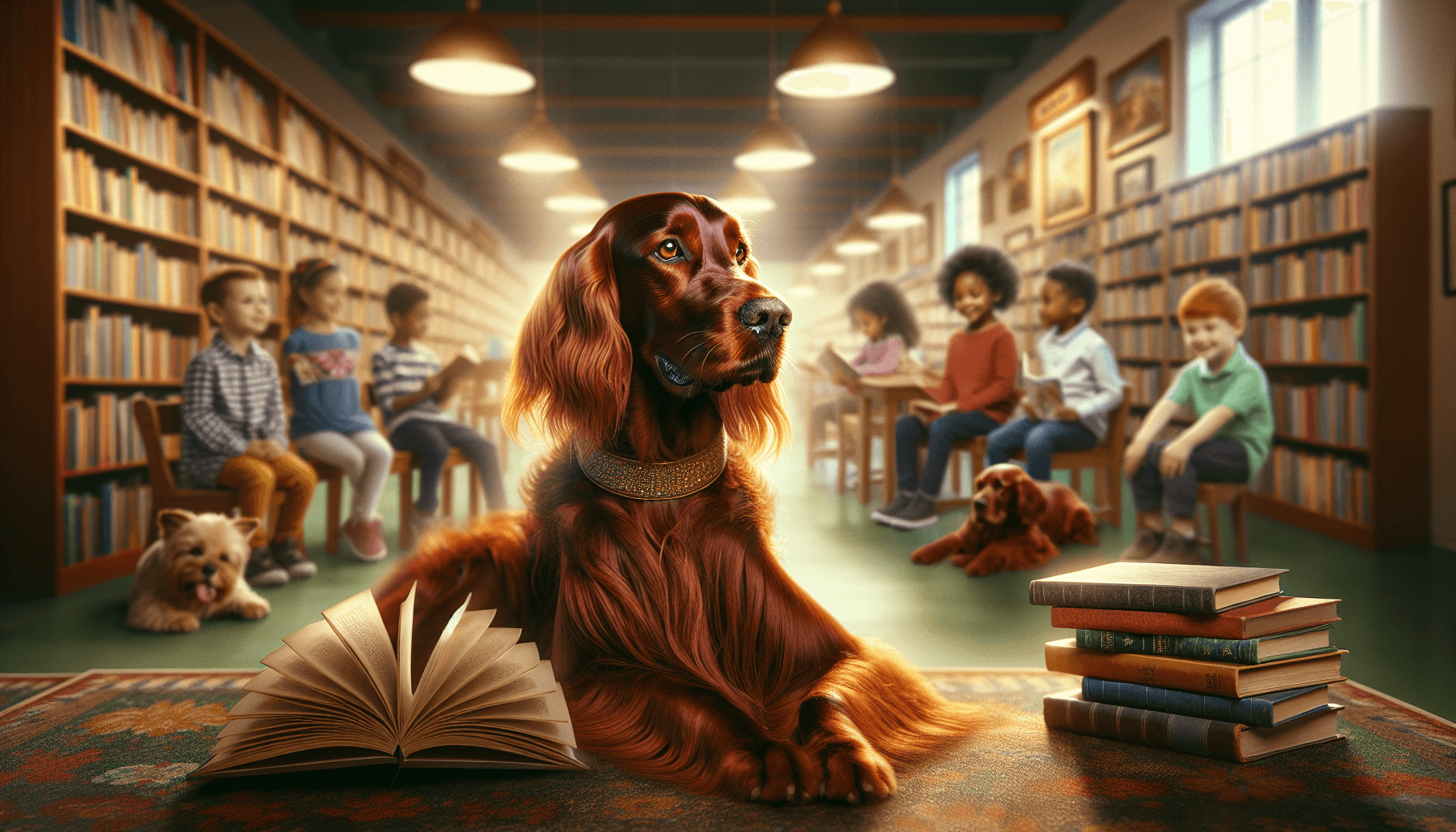 Multiple therapy dogs with handlers at a community reading event