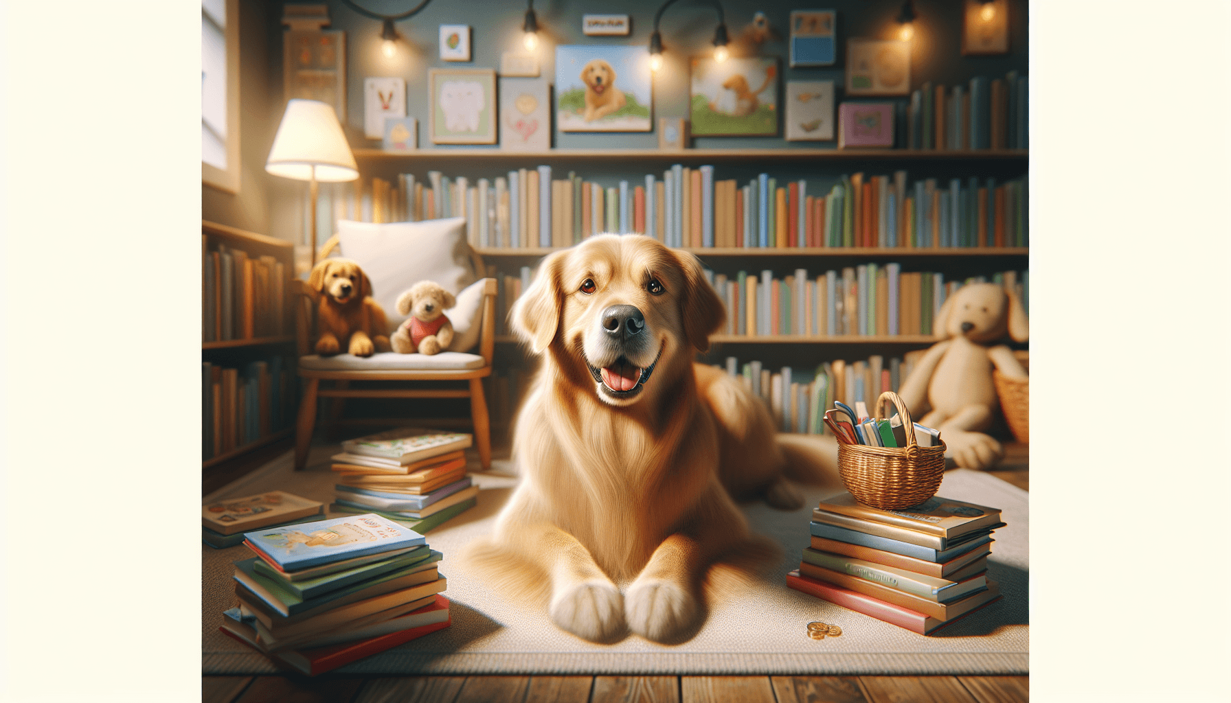 A handler tracking reading progress while a child reads to a therapy dog