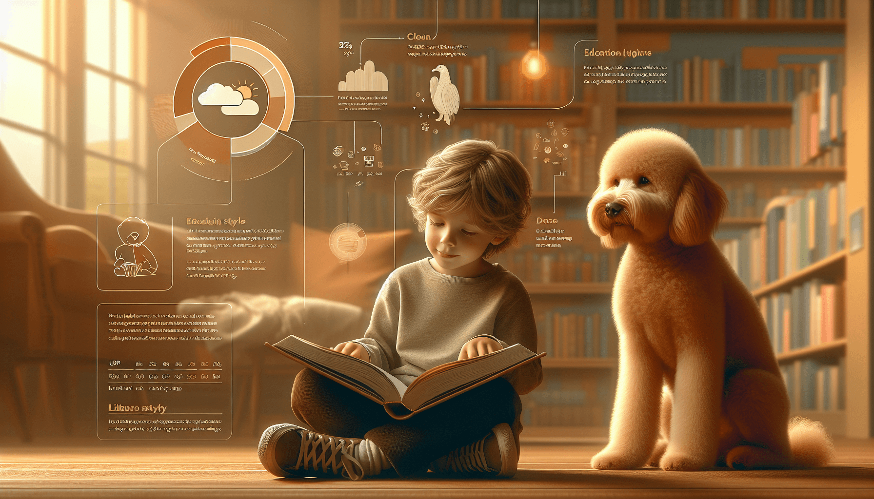 A young reader sharing books with a Golden Retriever in a cozy reading nook