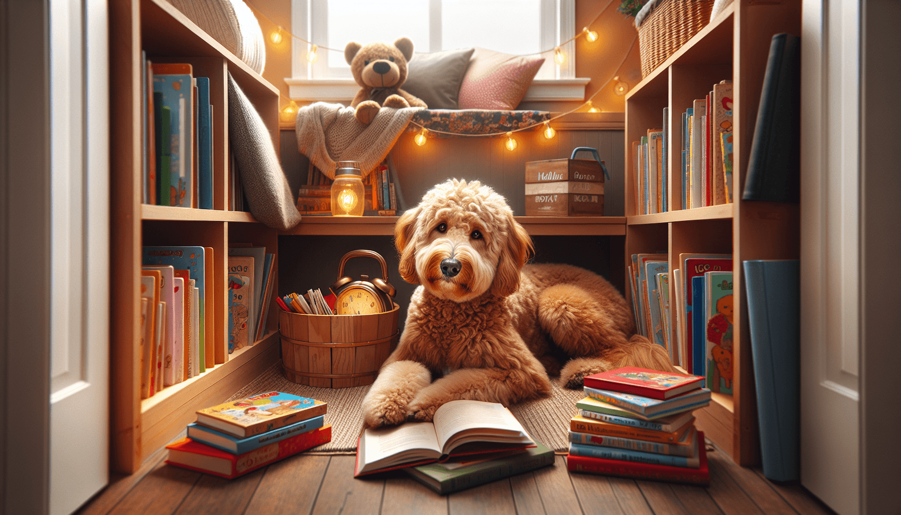 A child writing in a journal next to a stack of books and a therapy dog