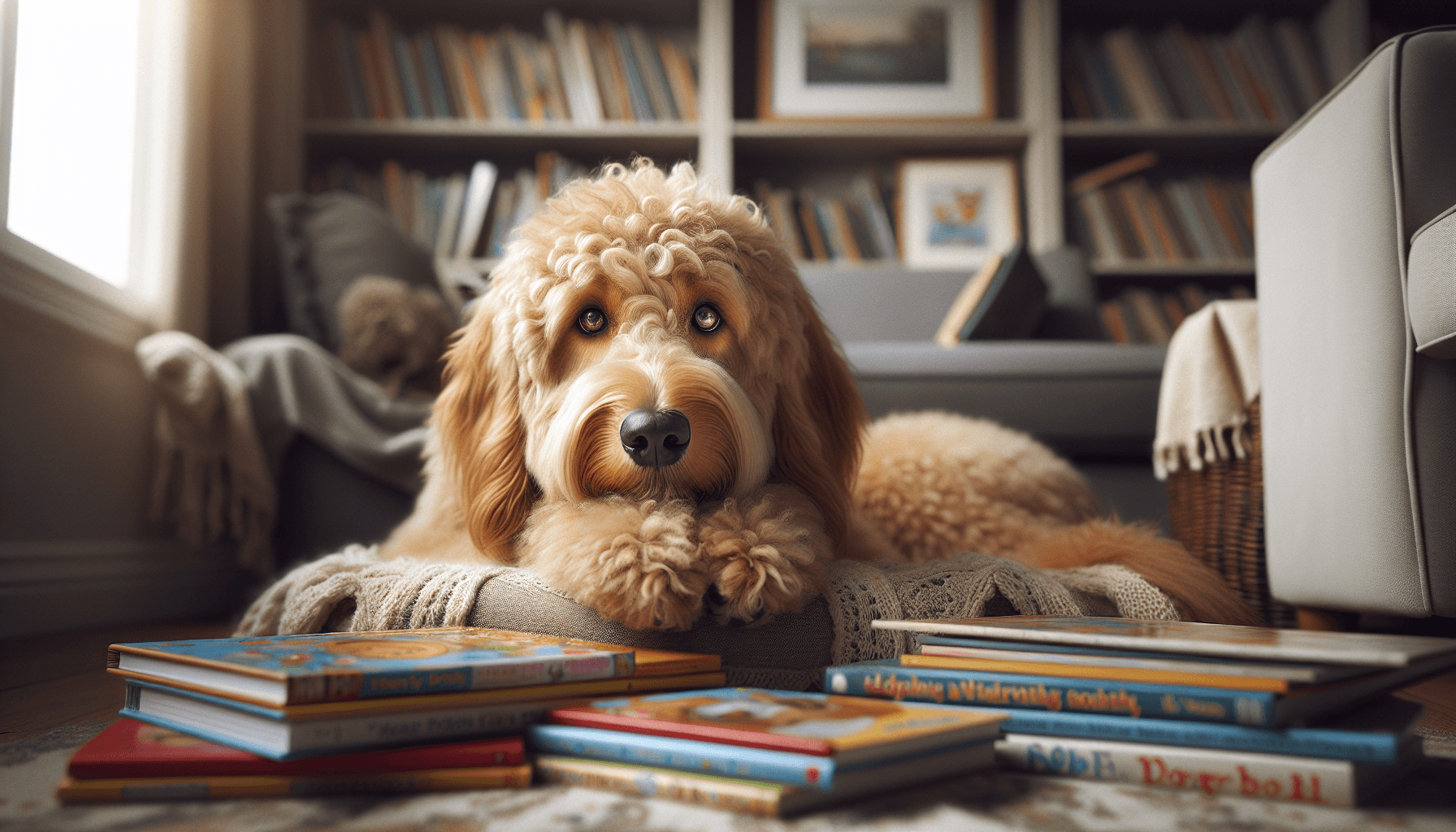 A healthy therapy dog eating from a bowl with fresh ingredients nearby