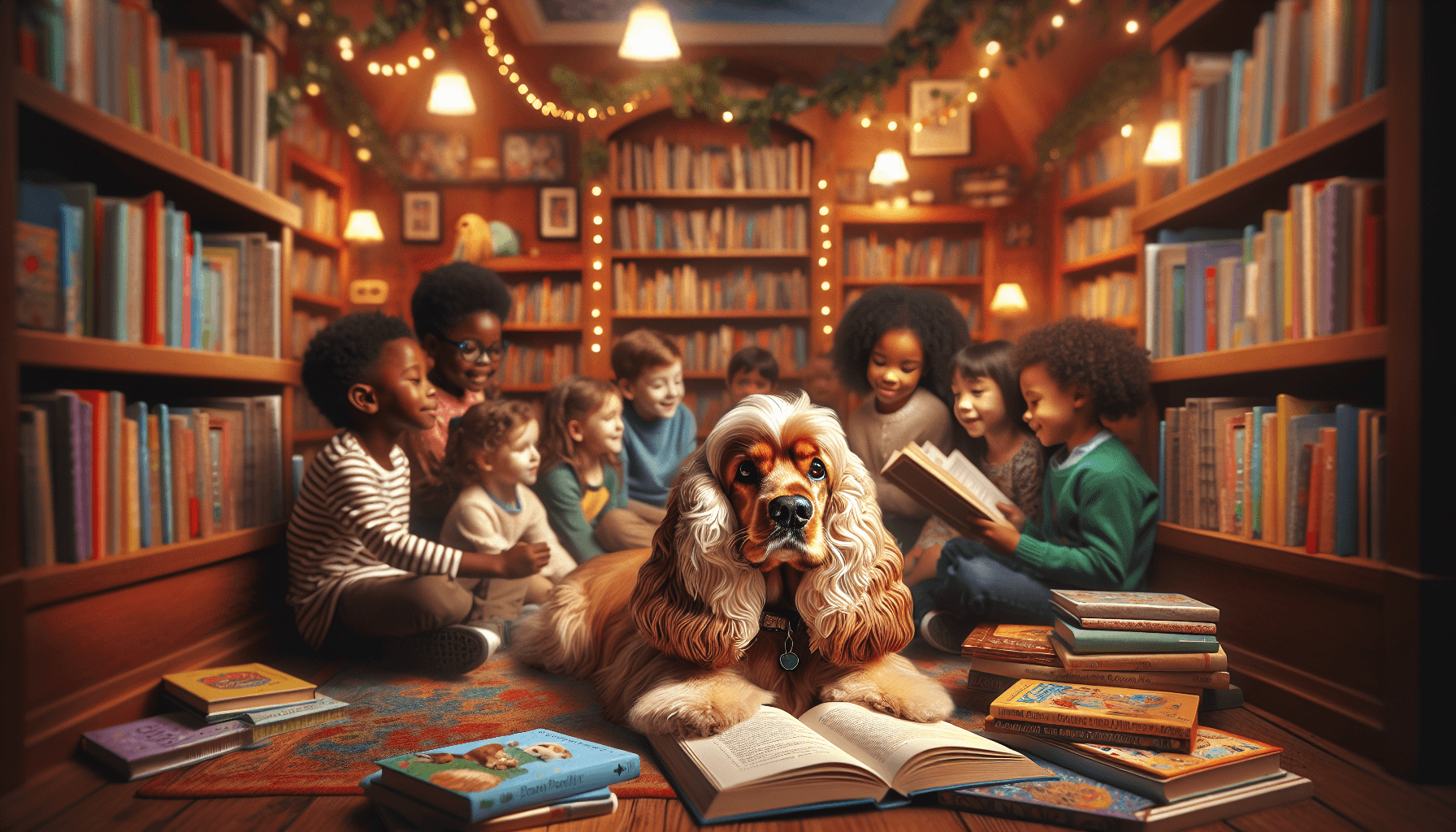 A montage celebrating the program's first anniversary with handlers, dogs, and young readers