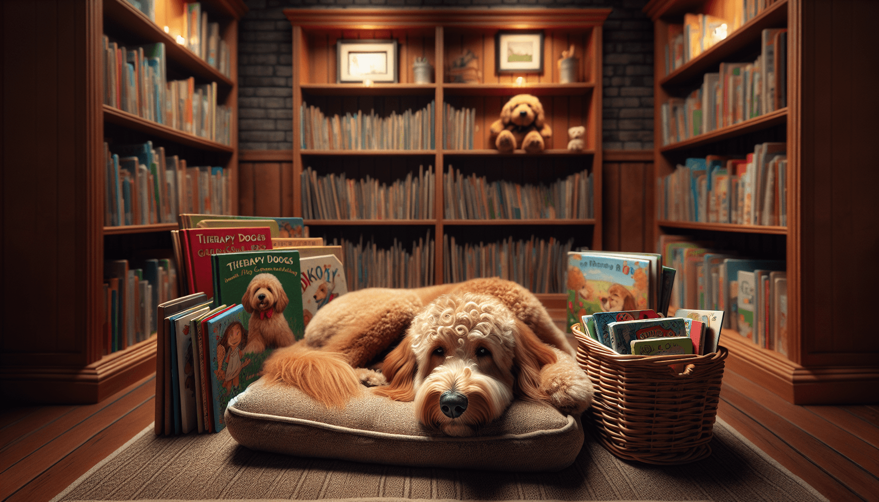 A parent and child talking with a therapy dog handler in a library setting