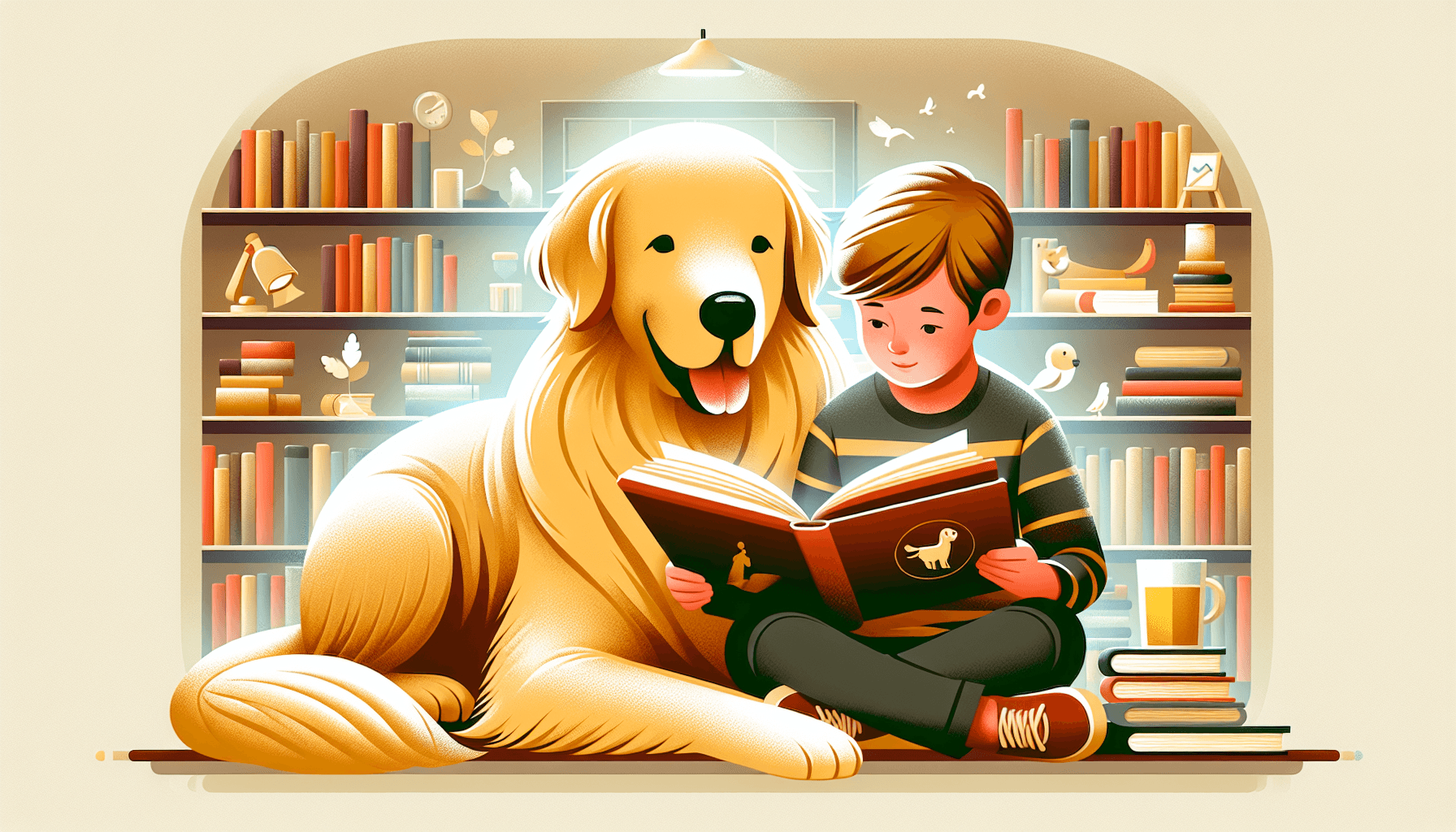 Children gathered around therapy dogs during a special library week reading event