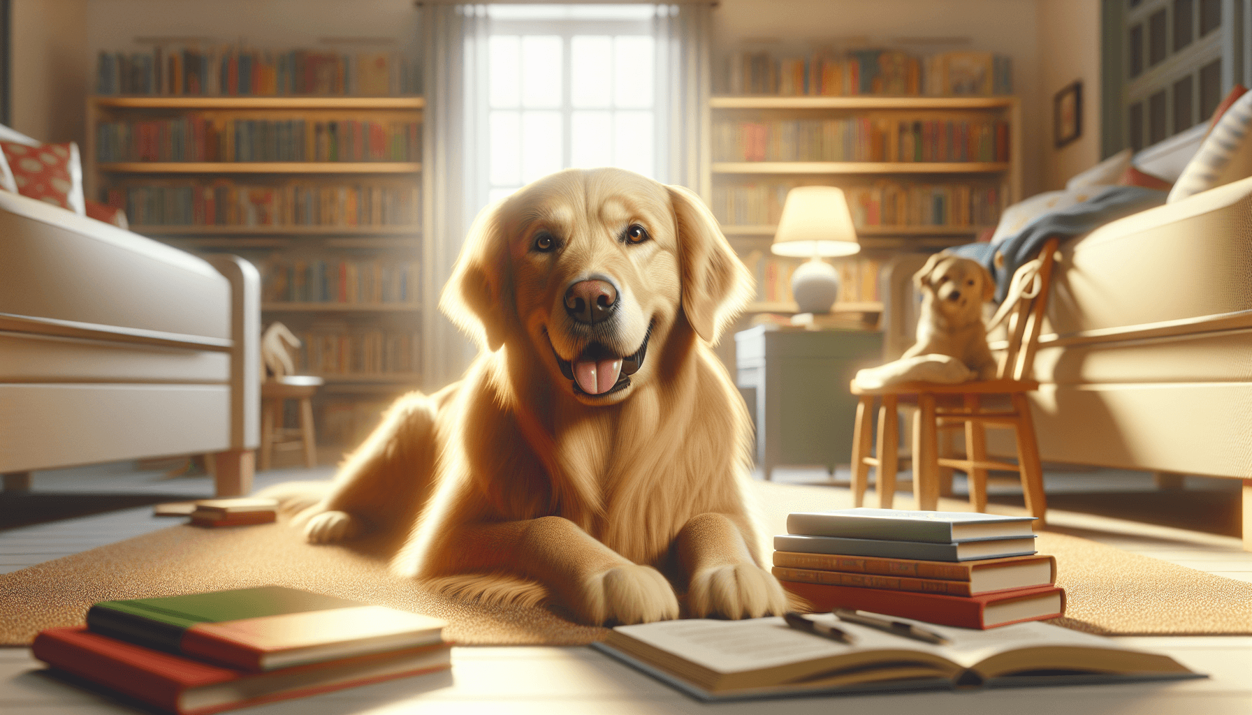 A library decorated for National Library Week with therapy dogs greeting families at the entrance