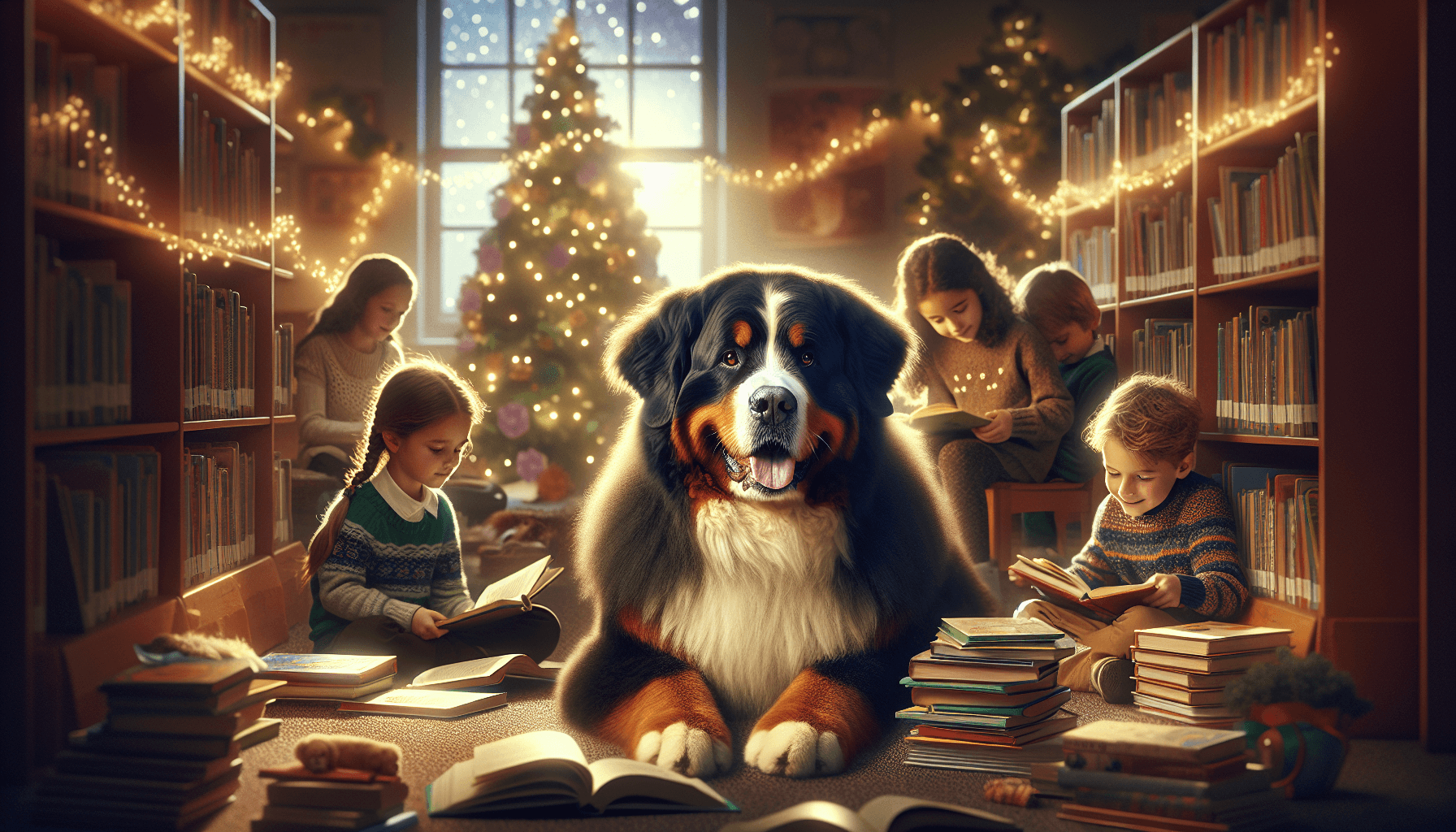 Proud young readers being celebrated as reading champions with therapy dogs