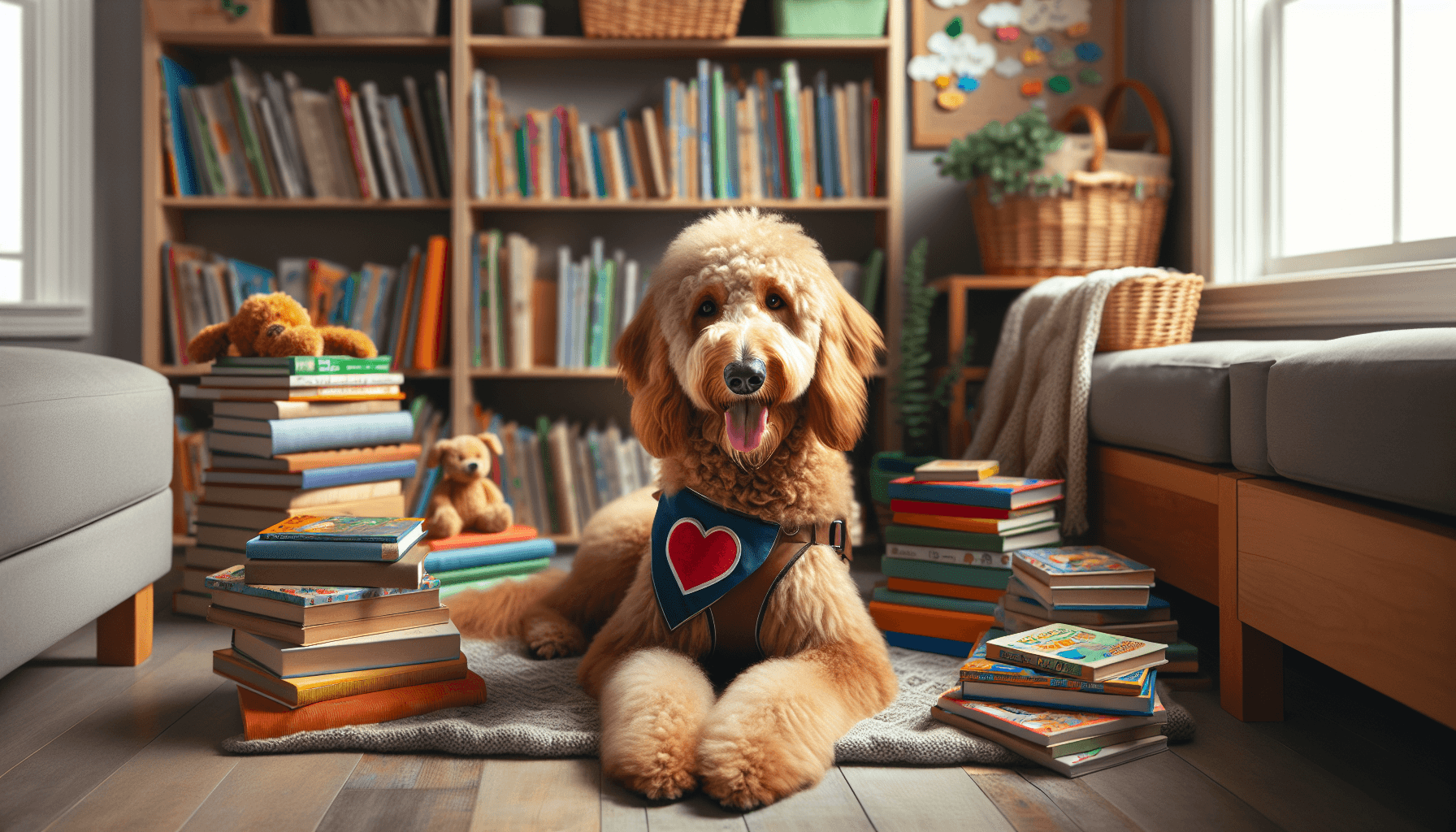 A teacher reviewing progress data while a therapy dog sits with a reading student