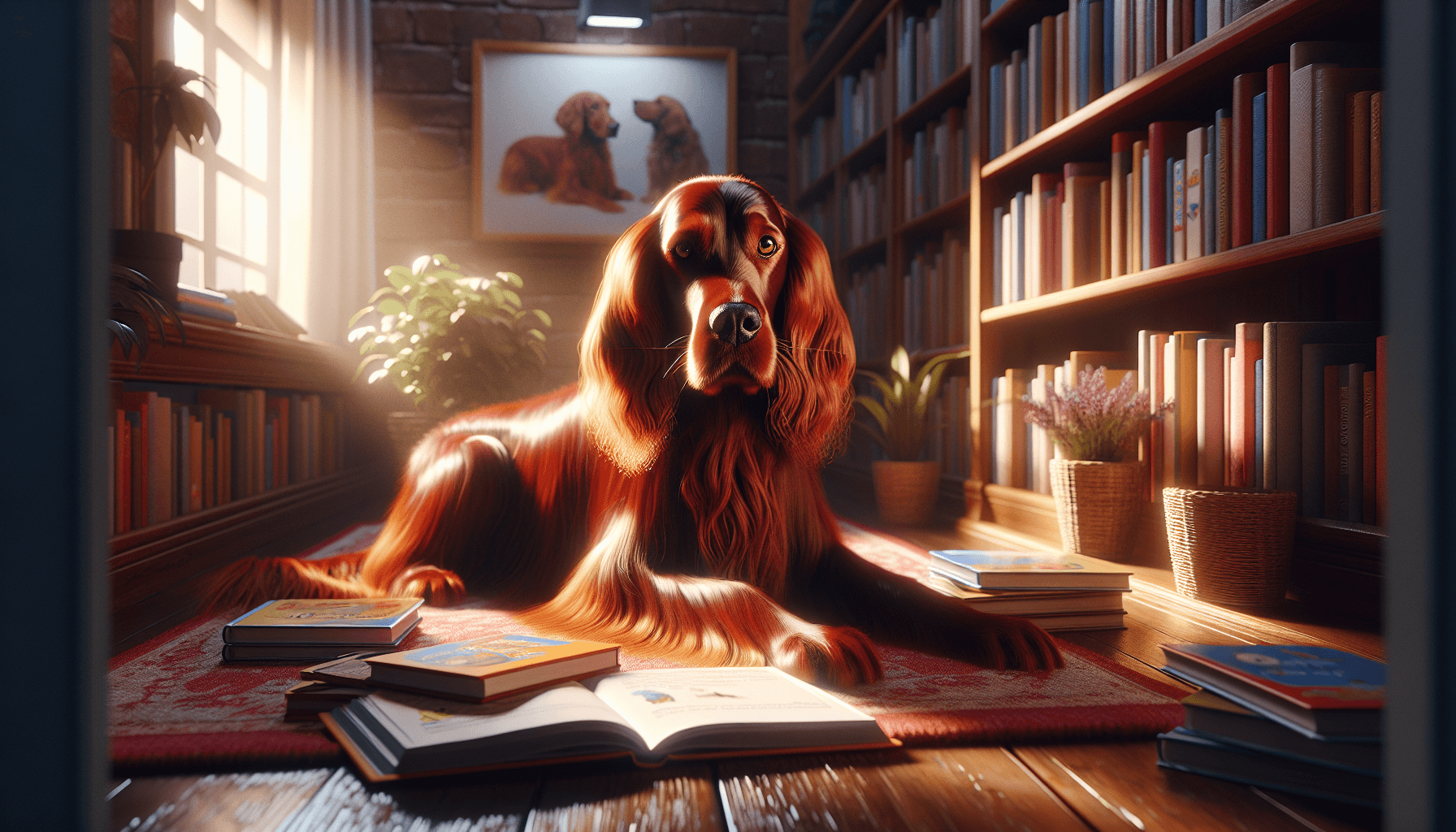 A handler attentively watching their therapy dog during a reading session