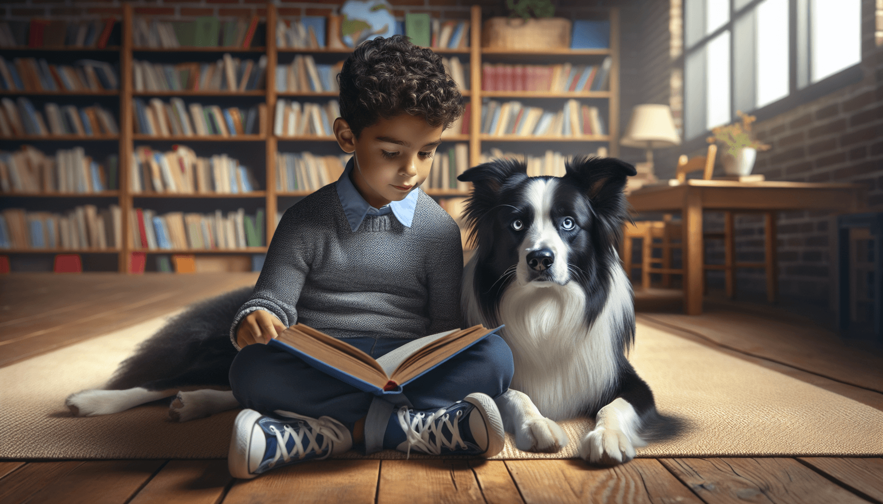 A handler and therapy dog meeting with school administrators