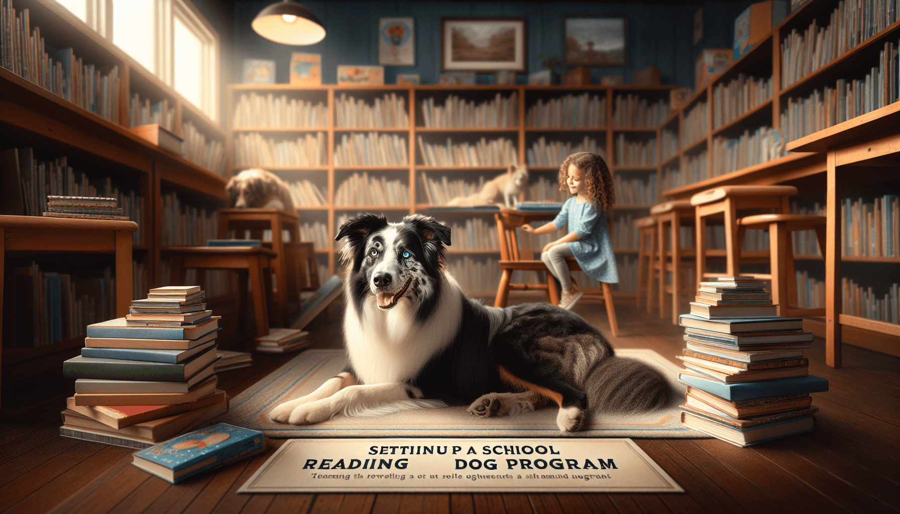 A therapy dog visiting a school reading corner with happy students and books