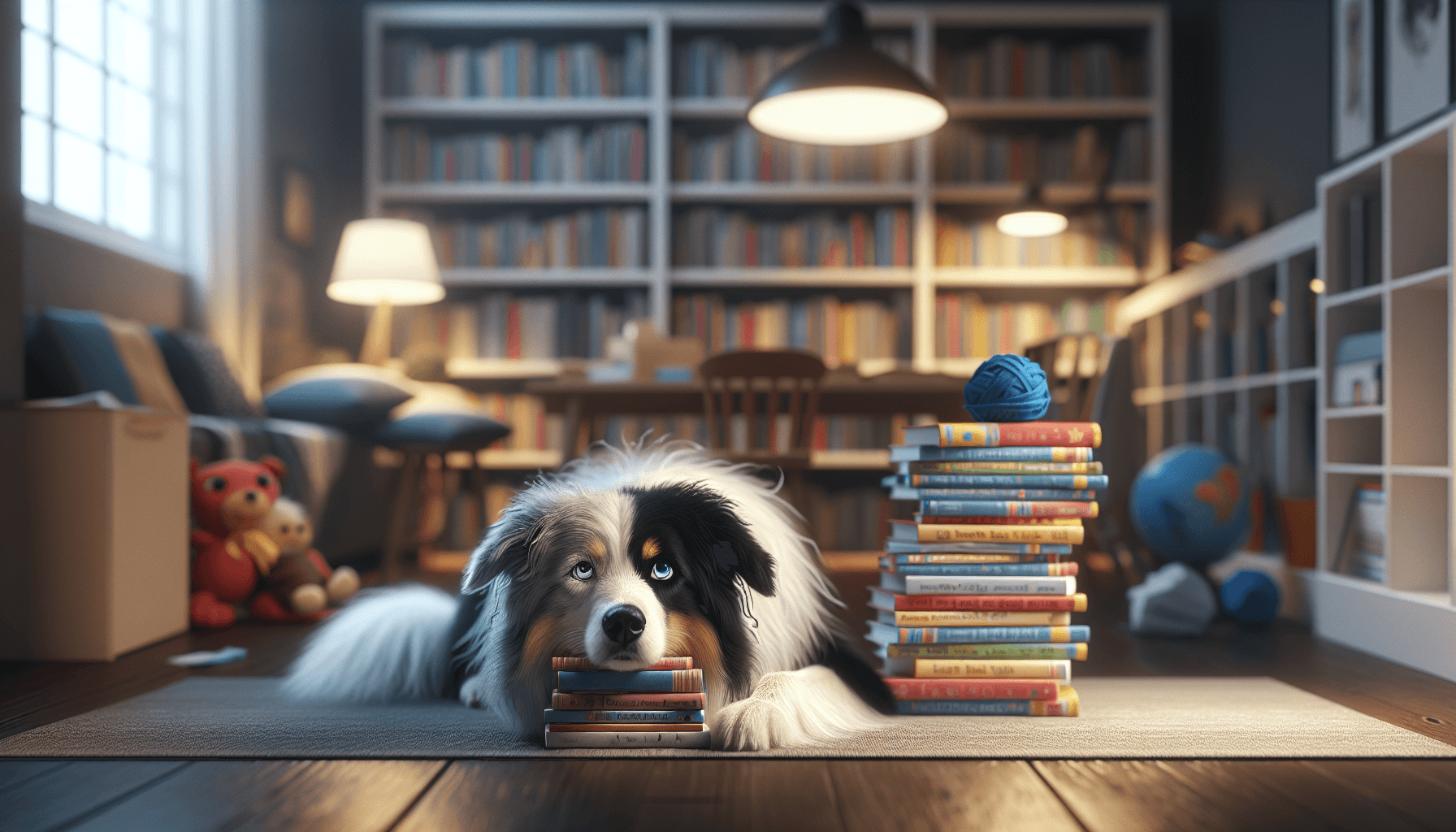 A therapy dog and child reading together in a sunny library during summer